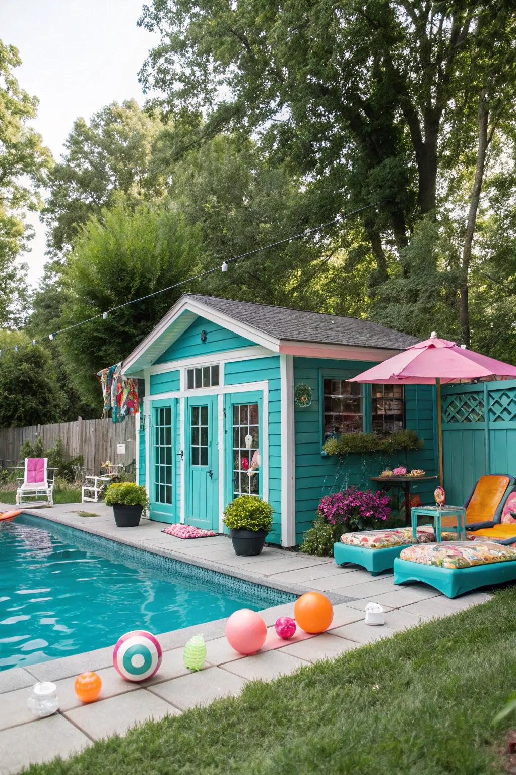 A colorful outhouse adds a playful and lively touch to your pool area.