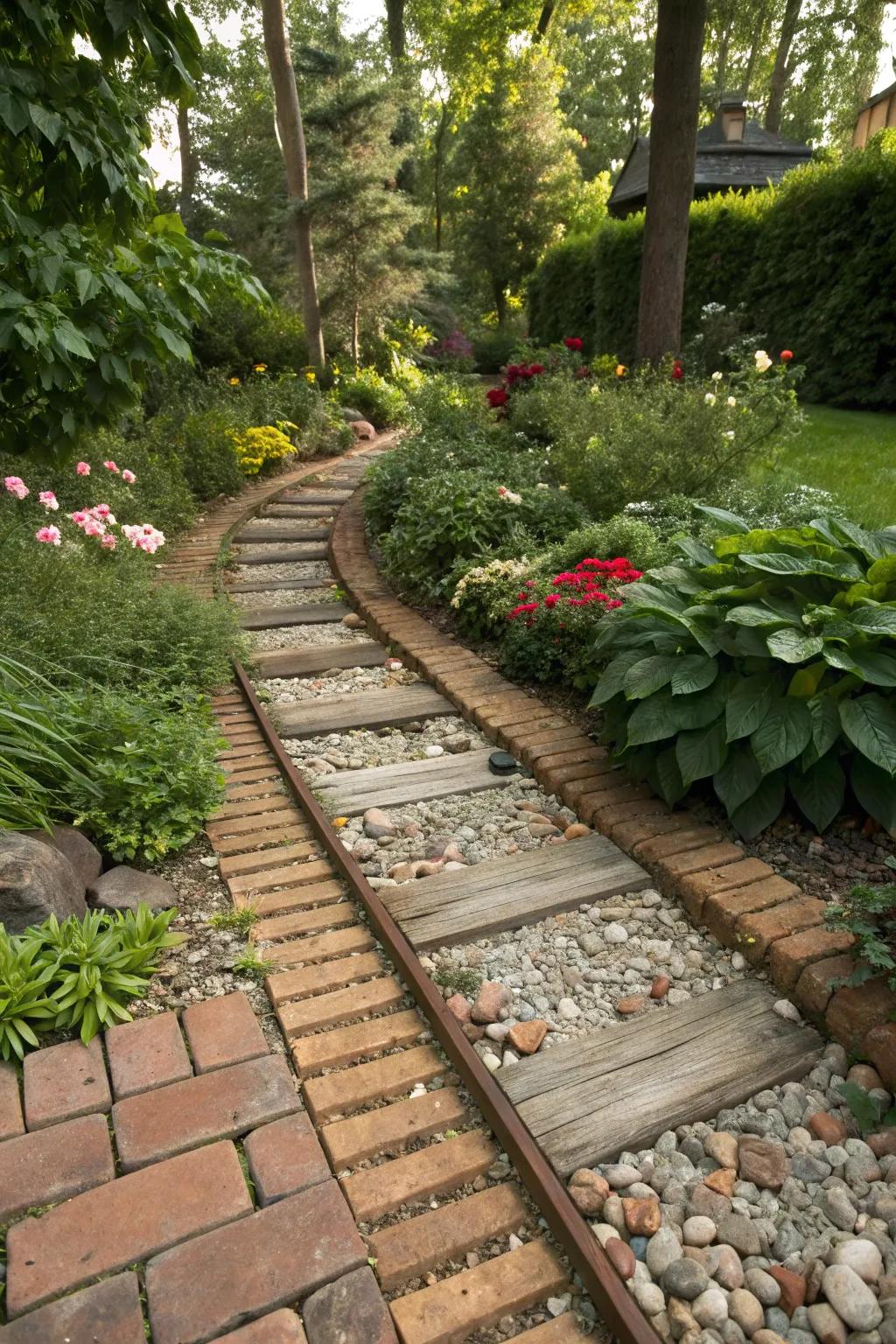 Unique path created by combining railroad ties and mixed materials