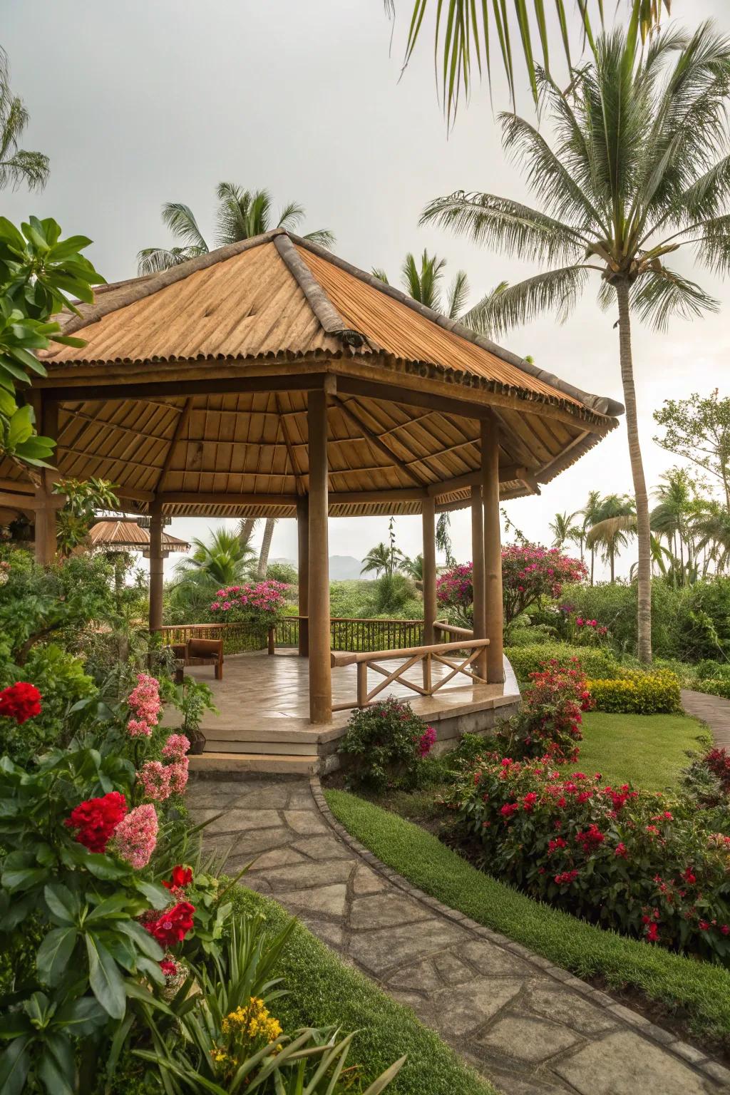A bamboo ceiling offers an exotic, natural touch.