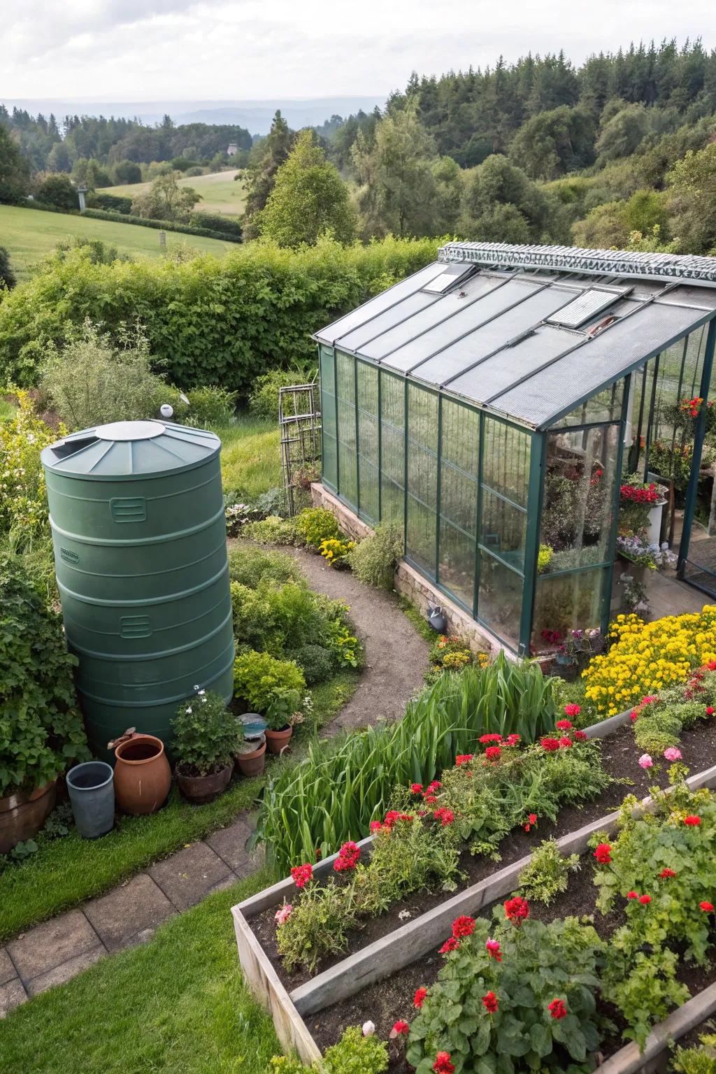 A rainwater harvesting greenhouse that supports sustainable gardening.