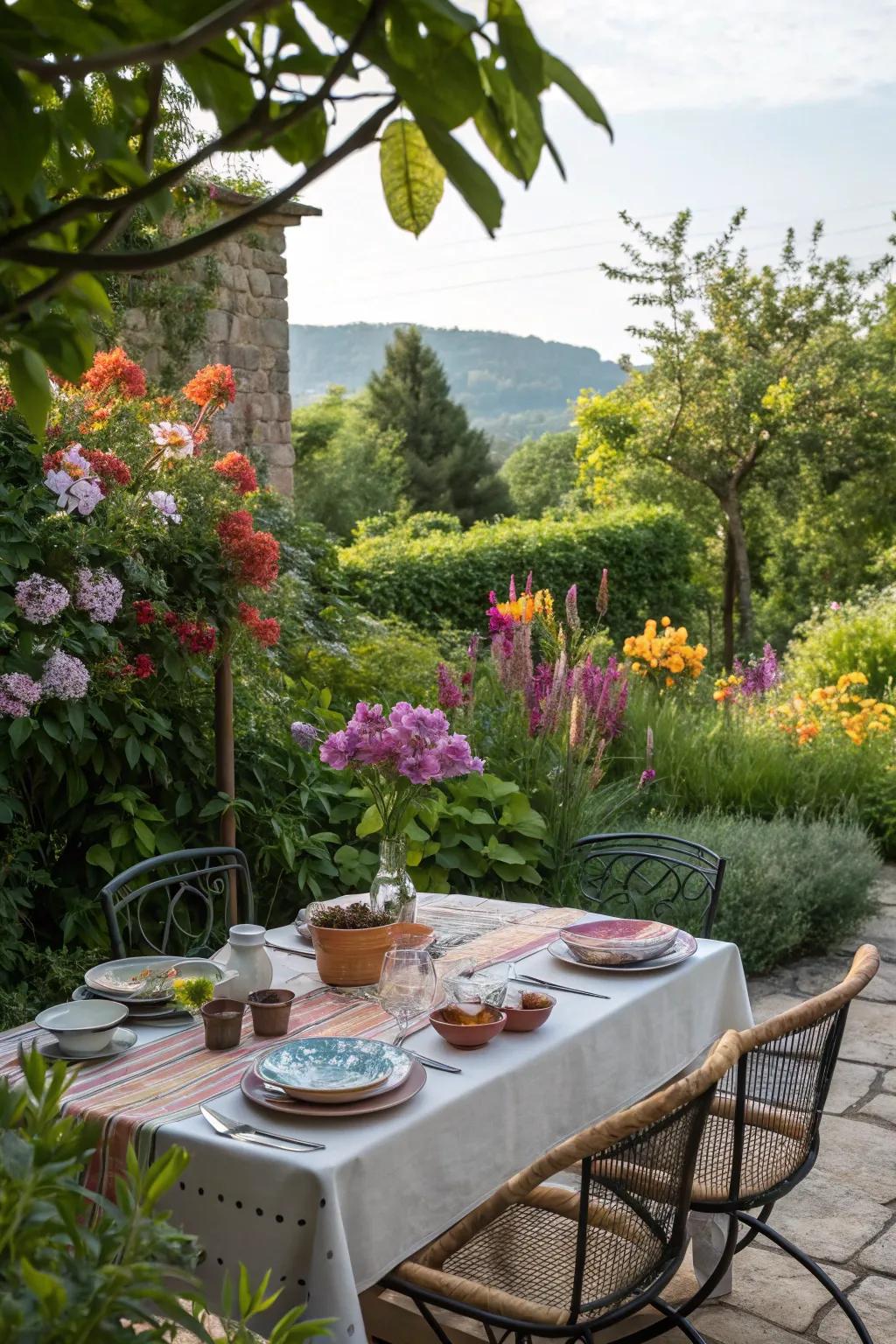 A garden retreat dining setup for a serene meal.