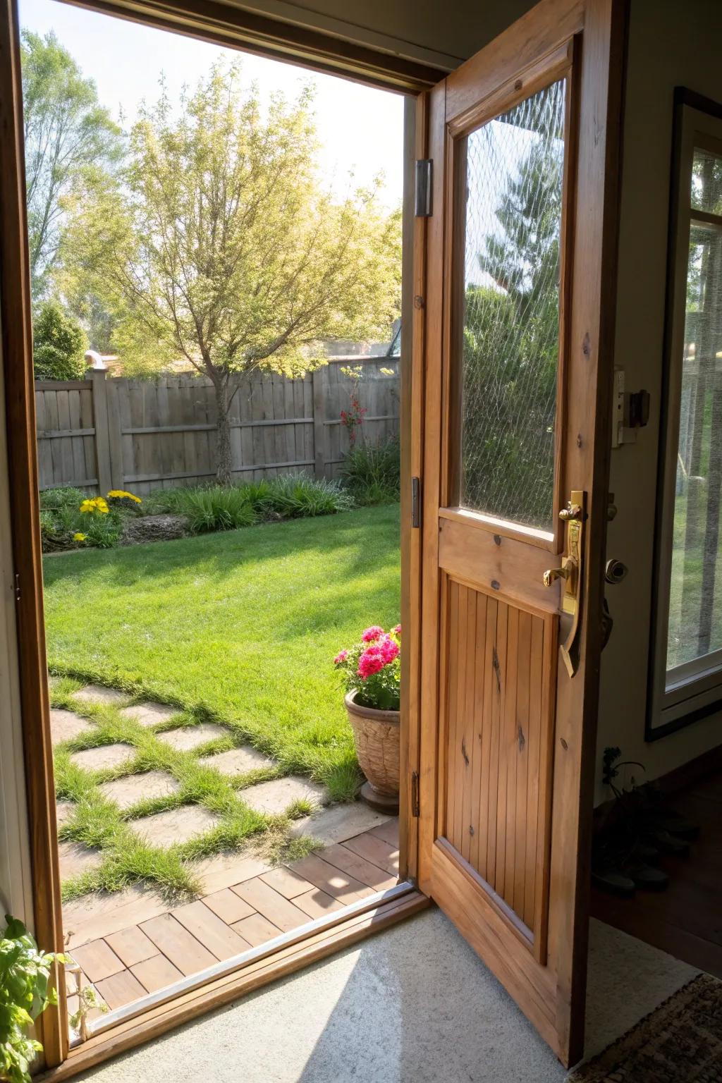Single back door with a screen door for fresh air.
