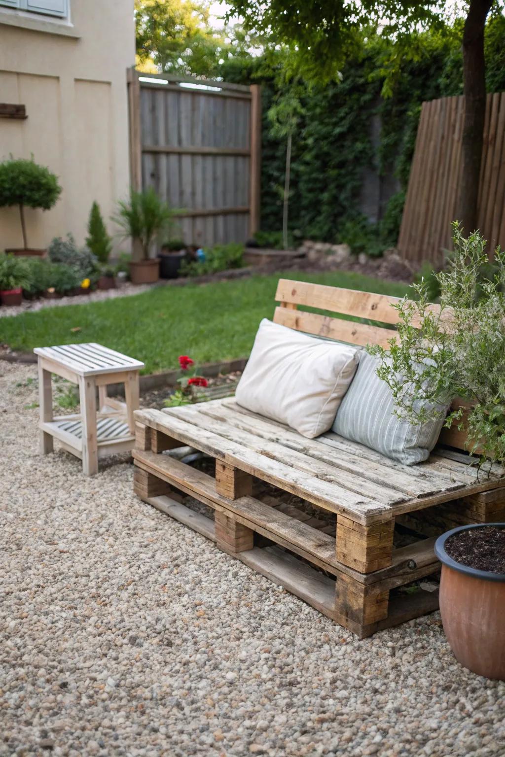 Custom outdoor furniture complements a pea gravel dog patio.