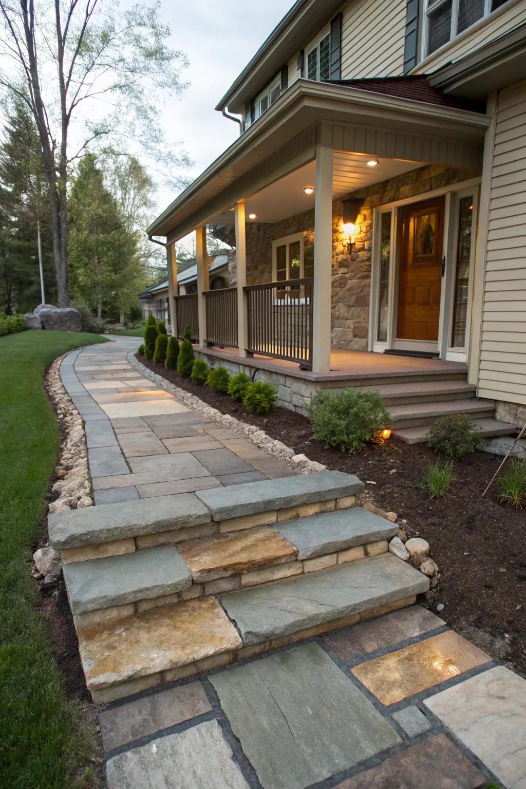Tiered stone walkway adding architectural interest.