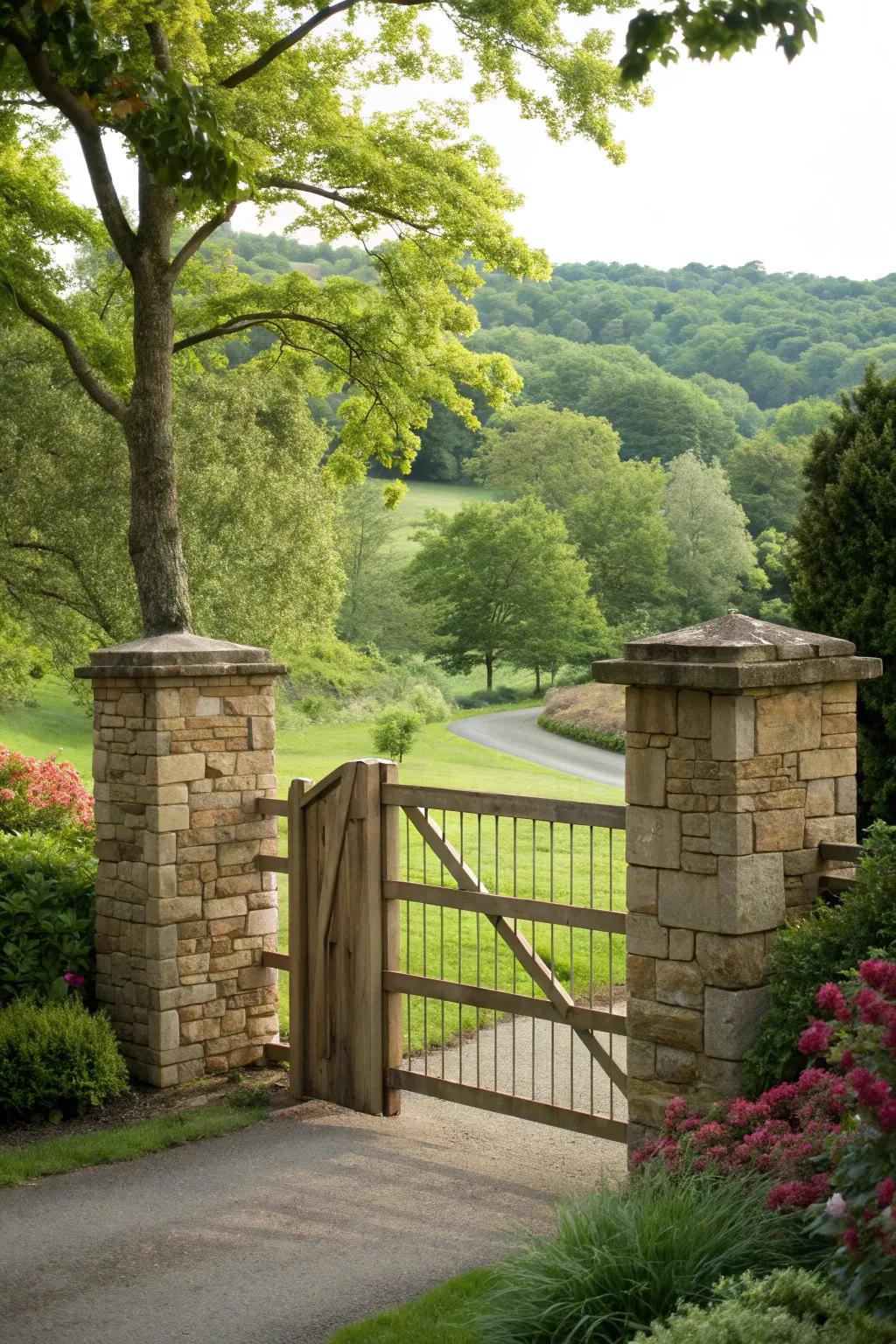 The natural stone and timber blend creates a harmonious and earthy entrance.