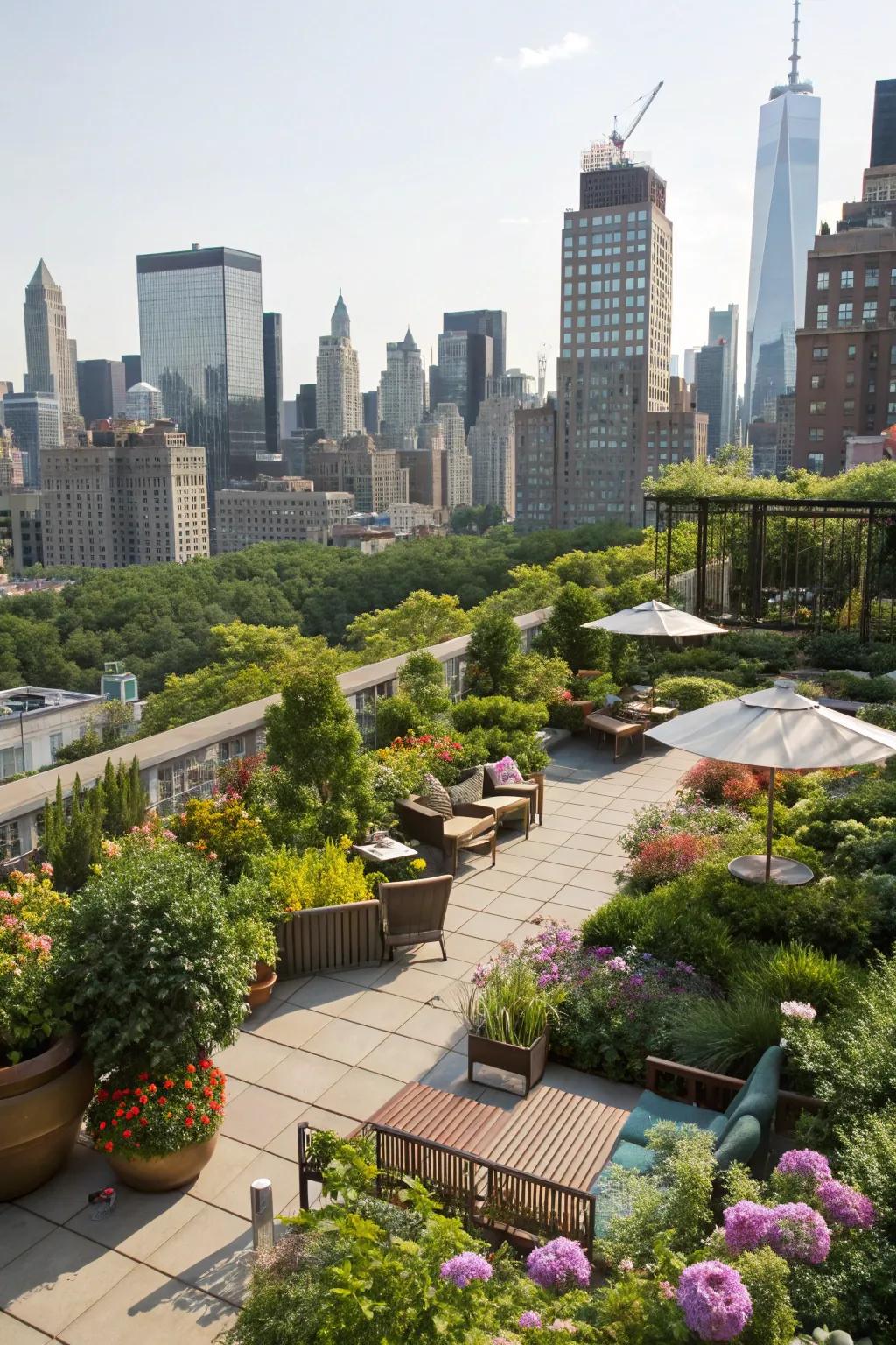 An inviting rooftop garden with a city view.