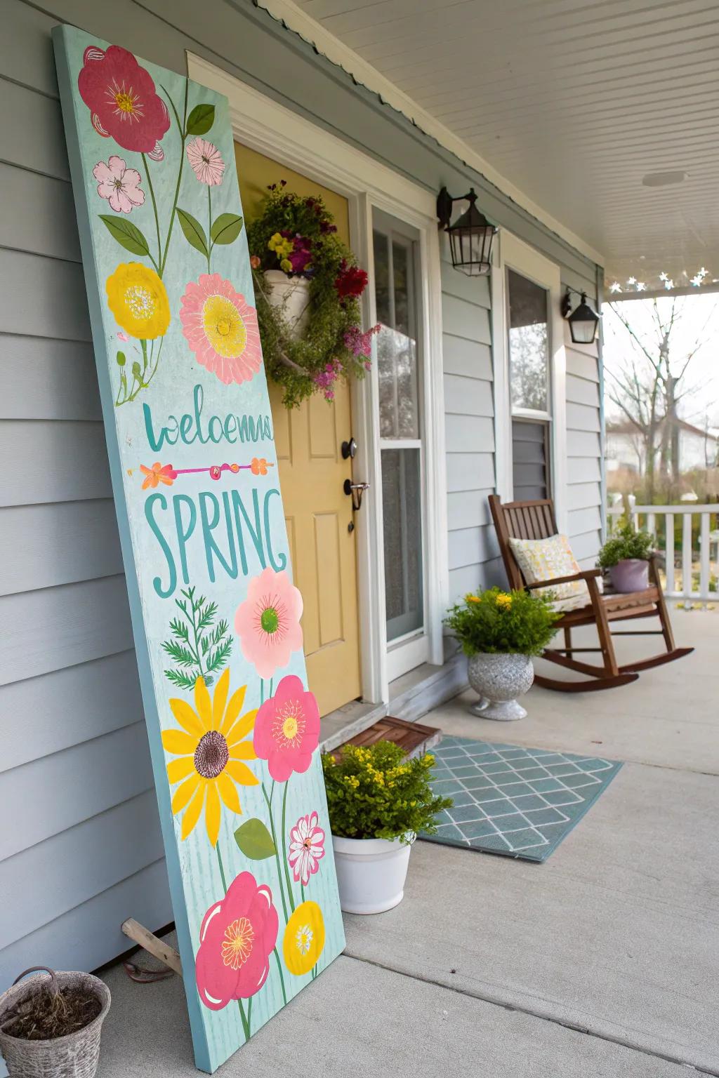 A seasonal porch board celebrating spring.