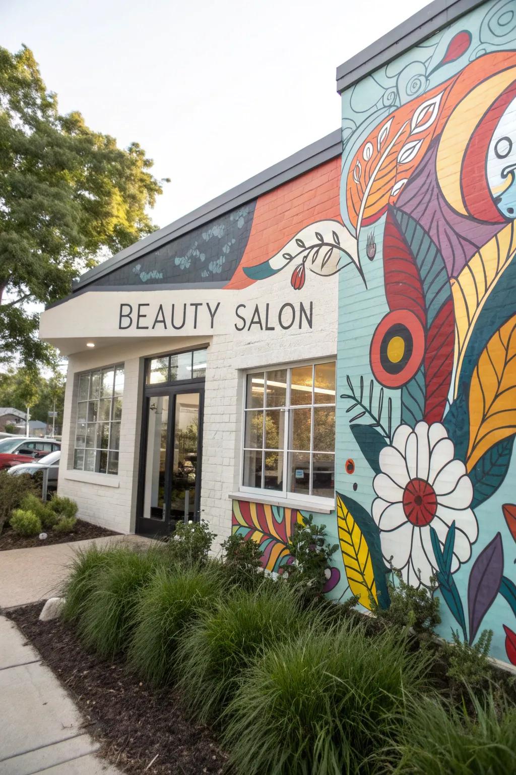 Beauty salon adorned with a vibrant artistic mural on its outer wall.