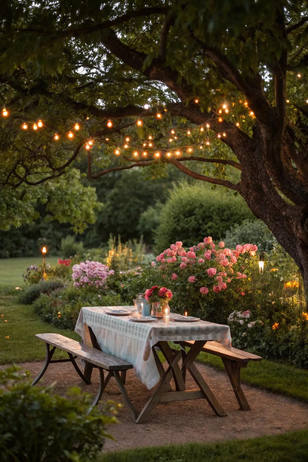 Create a magical ambiance with string lights around your picnic setup.
