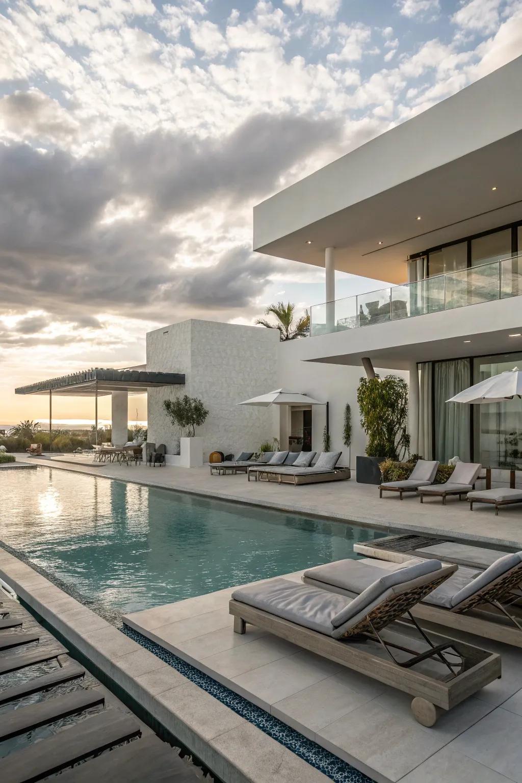Sleek poolside featuring modern furniture and architectural style.
