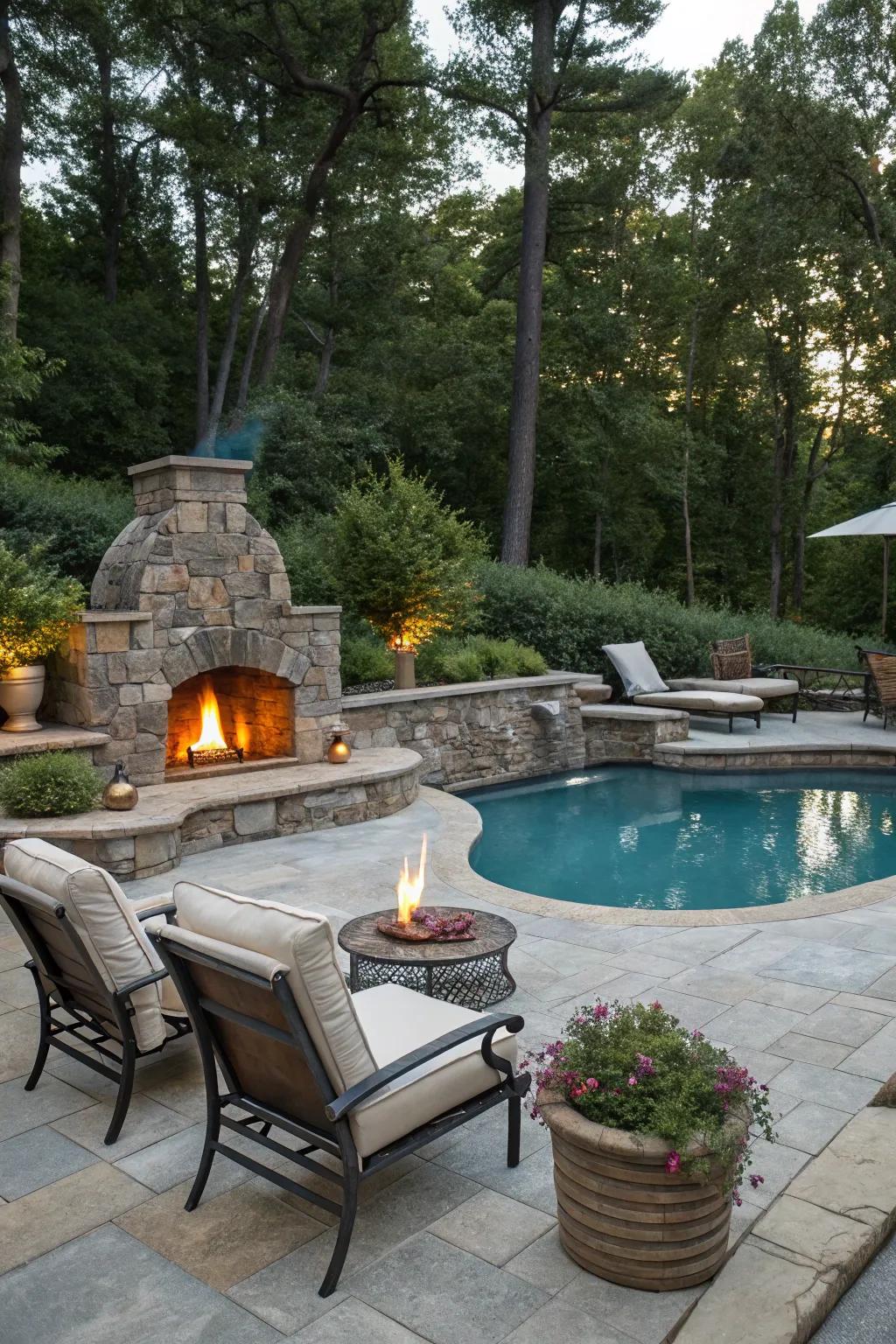 A fire pit offers warmth and an inviting focal point for poolside gatherings.