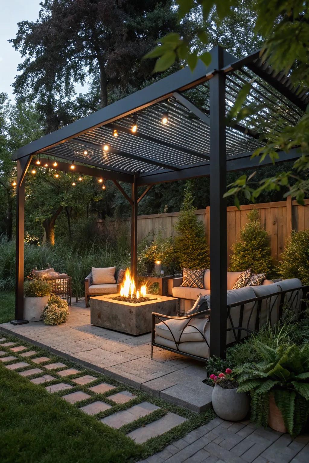 A fire pit under a metal pergola creates a cozy outdoor retreat.