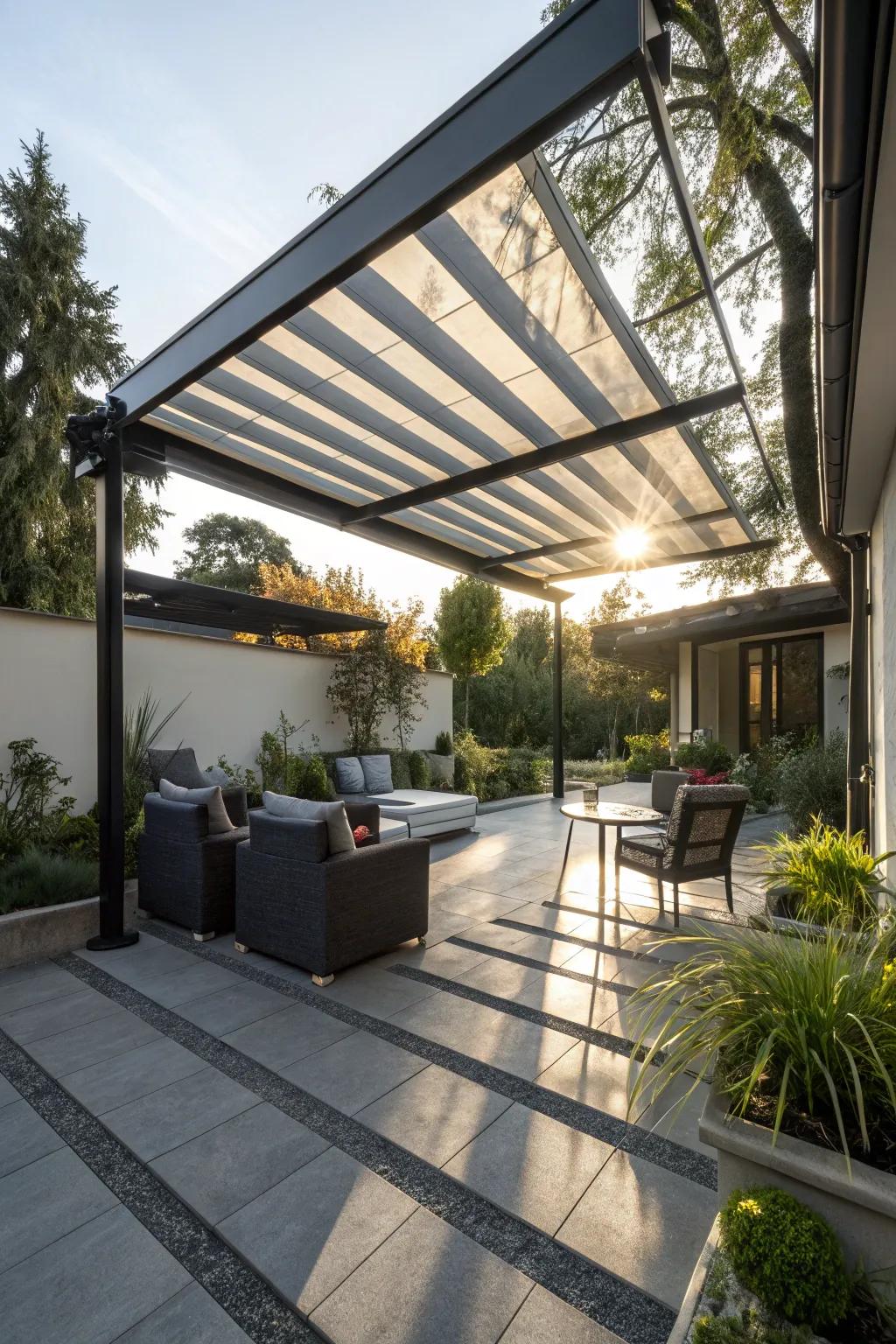 Retractable canopy providing adaptable shade throughout the day.