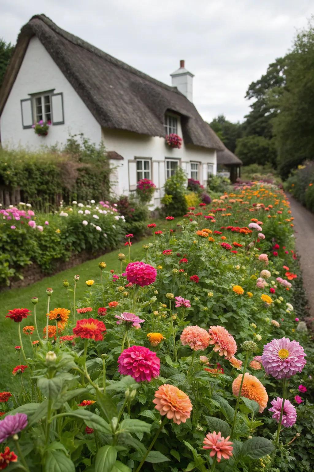 A lush display of flowers in a cottage garden.