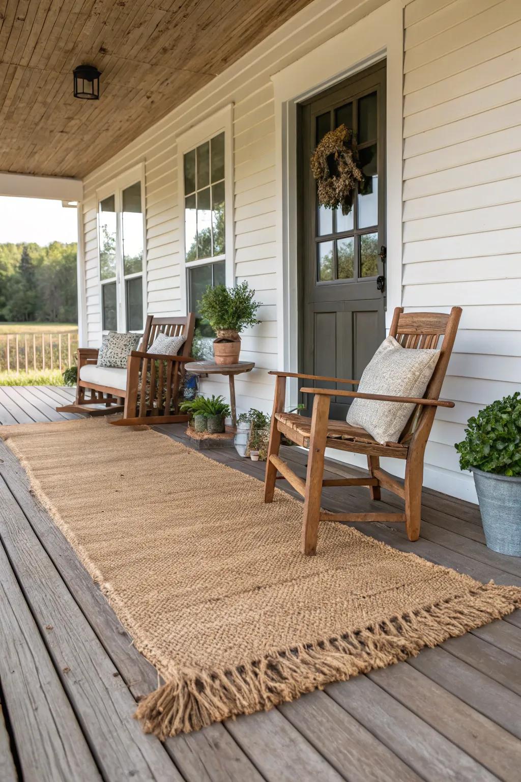 Jute area rug marking seating space on a farmhouse-style porch.