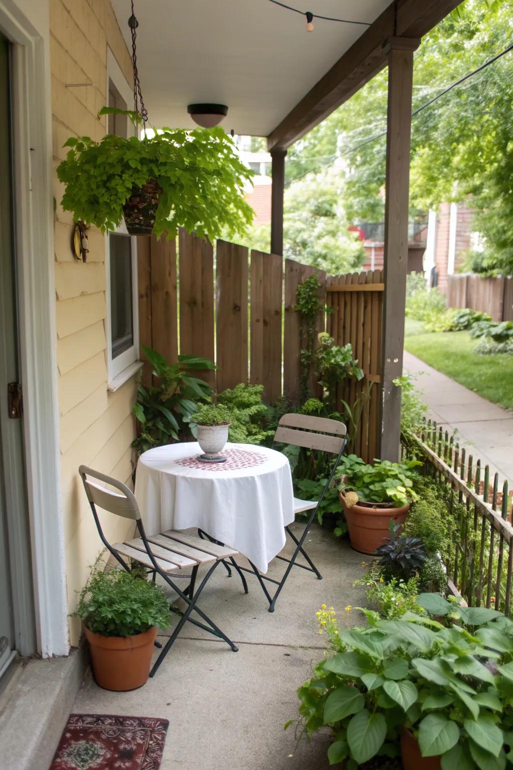 A small porch featuring a cozy bistro set and lush greenery.