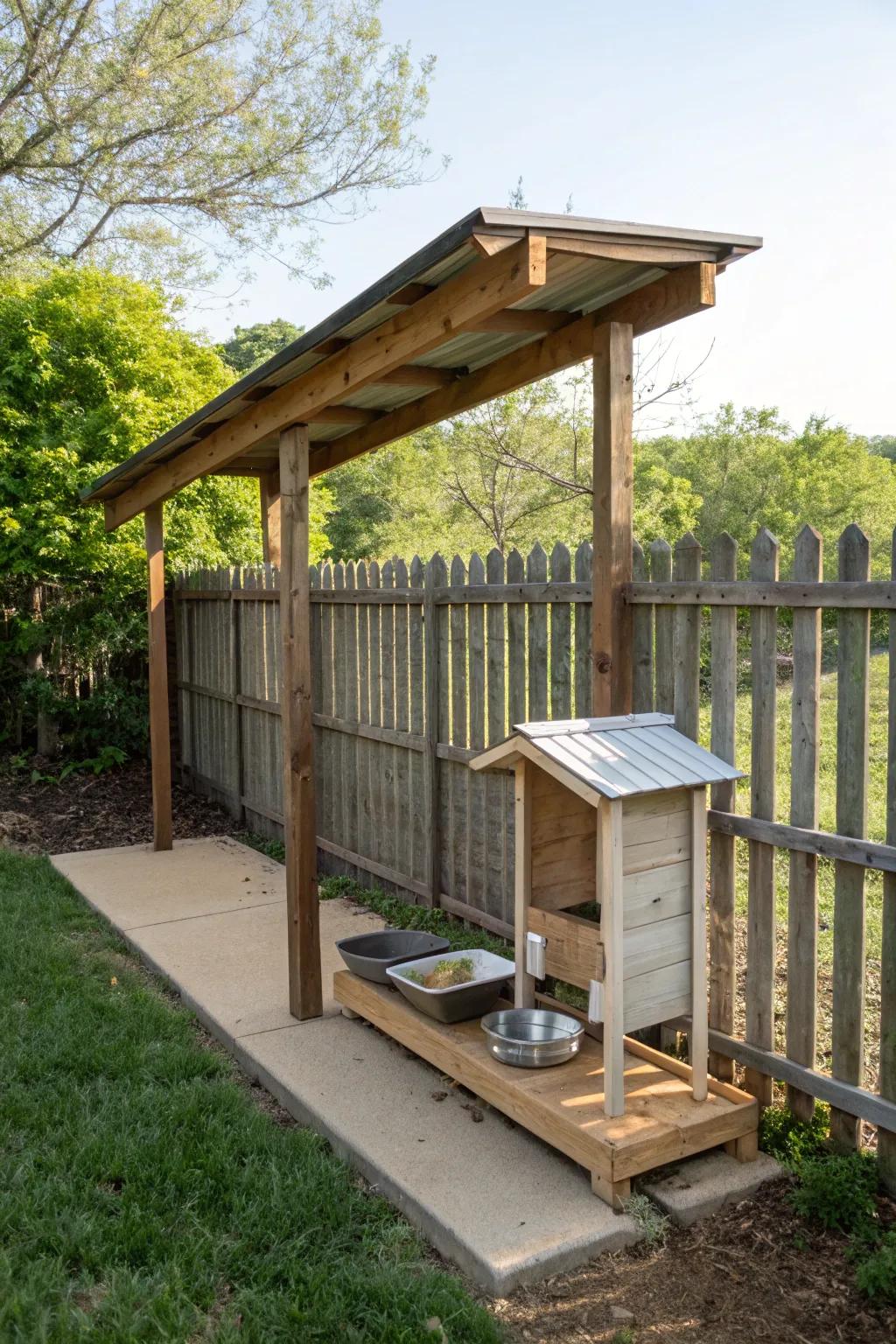 A discreet lean-to feeding station blending into the surroundings.