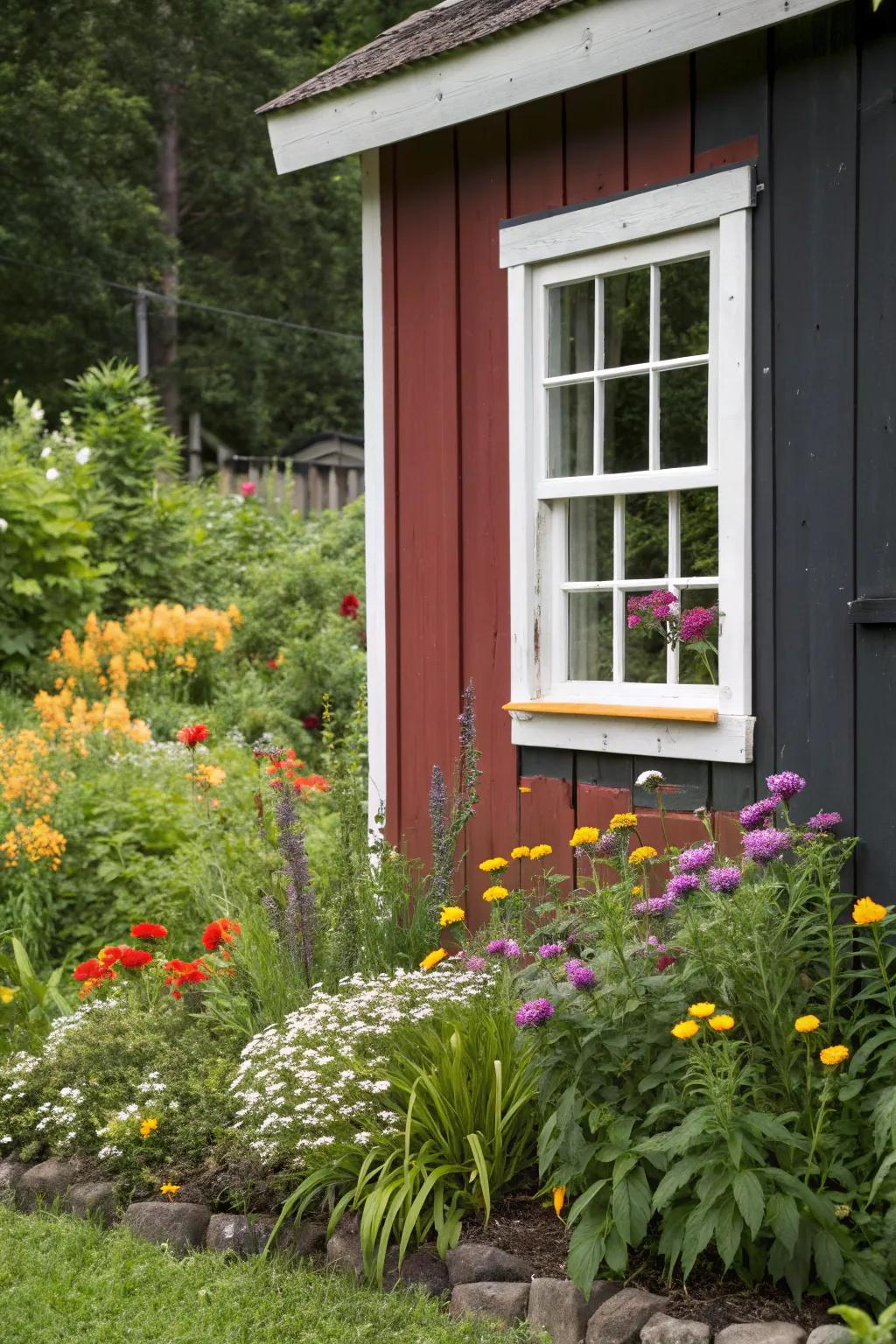 Contrasting colors add visual interest to this shed window.