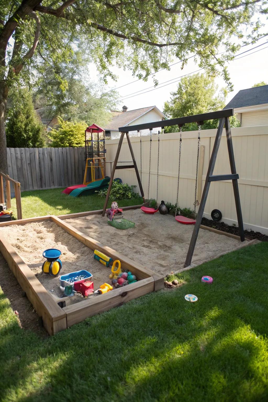 Backyard swing set adjacent to a colorful sandbox for diverse play.