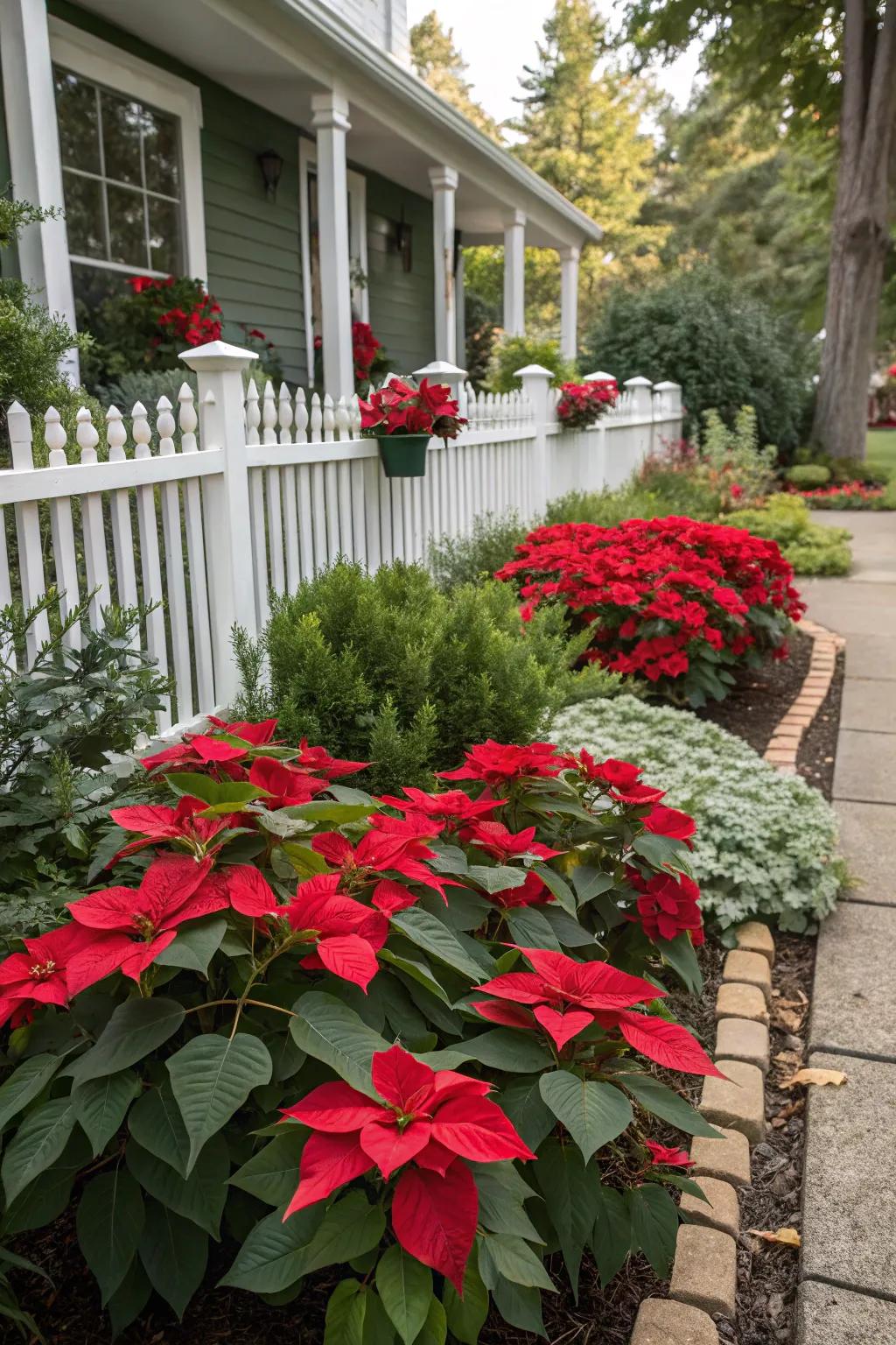A flower bed filled with vibrant red poinsettias