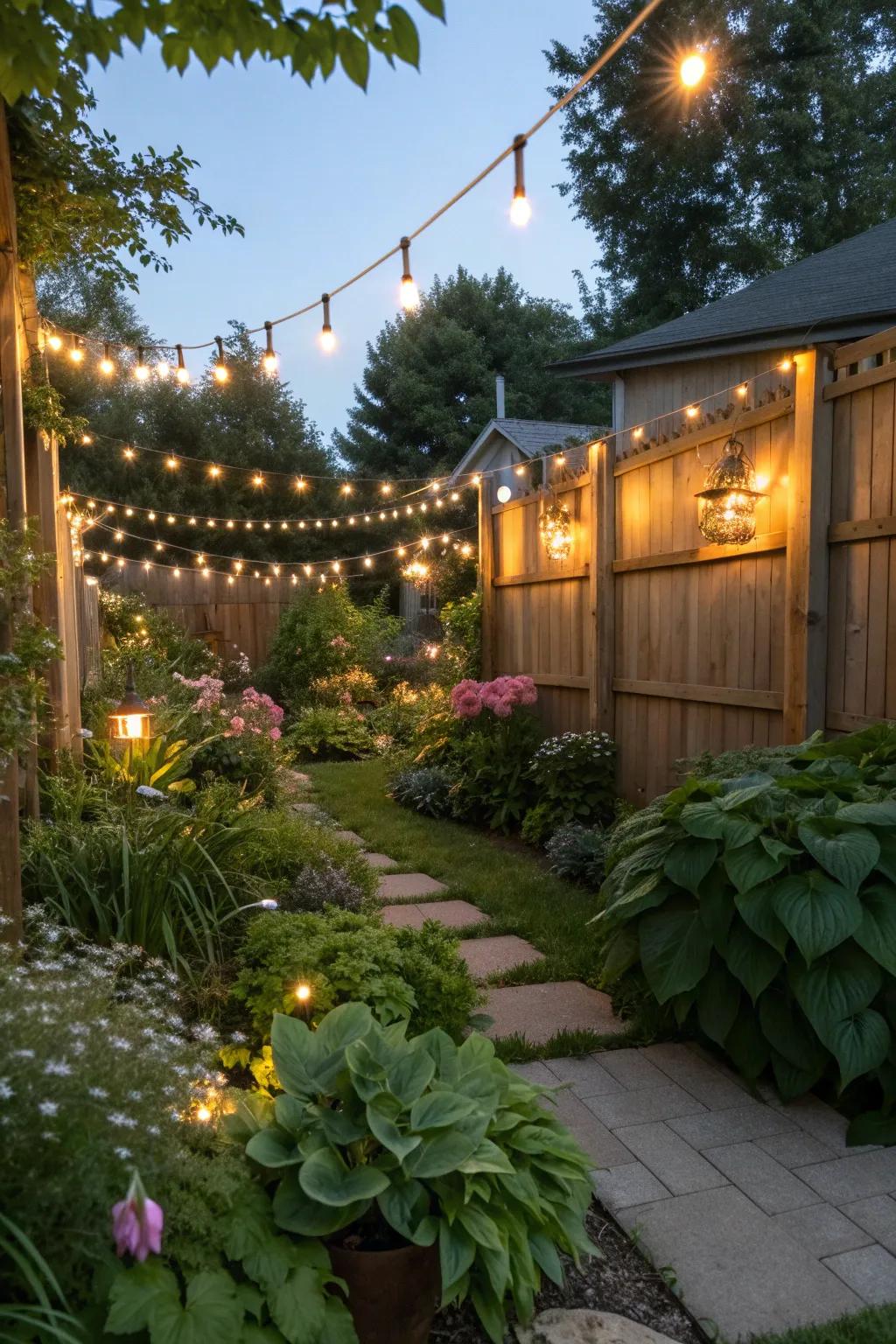 Enchanting lighting that enhances the garden's ambiance.