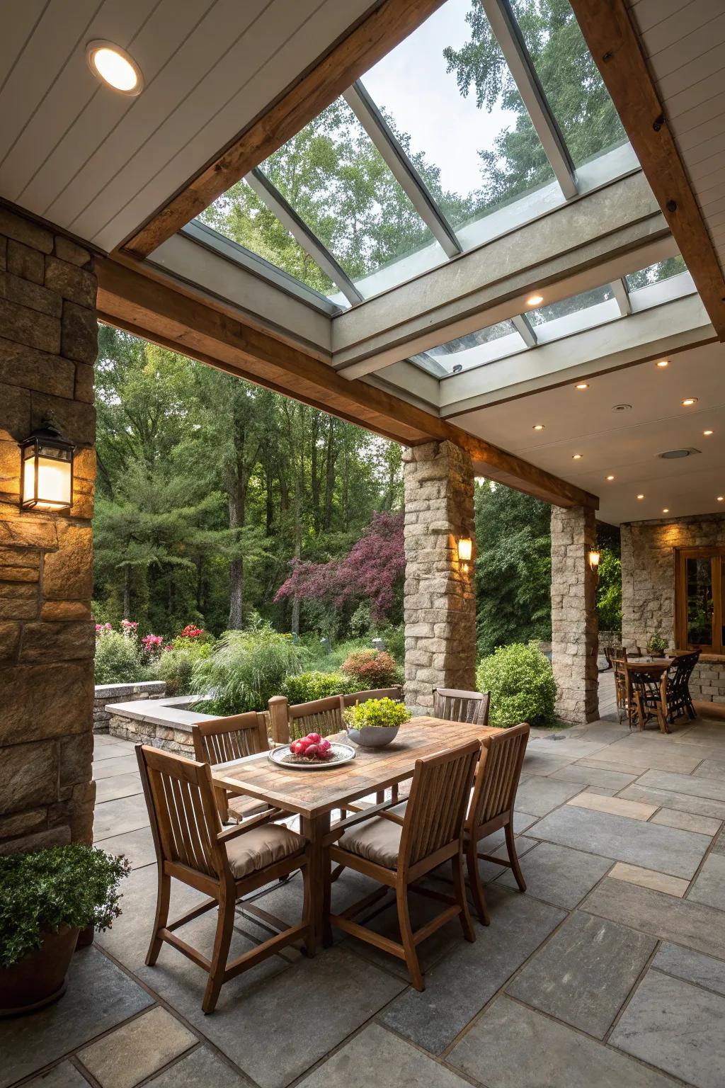 Rustic stone and skylights blend for an elegant yet grounded patio.