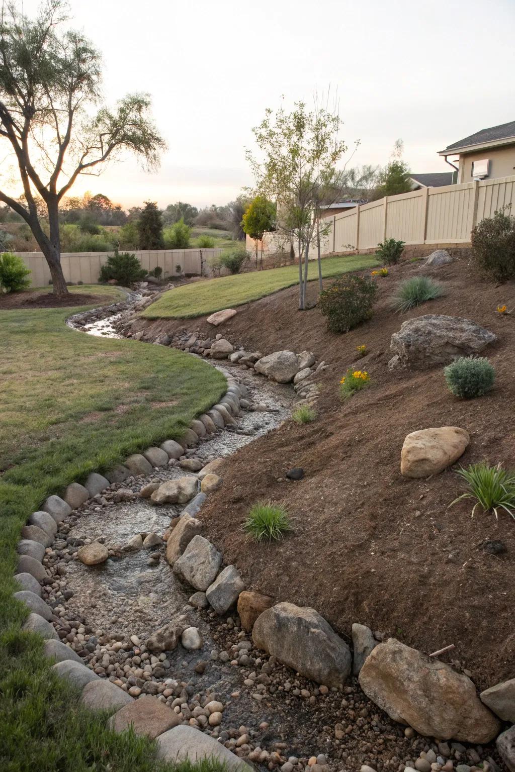 A dry river bed with natural curves creates an authentic stream-like appearance.