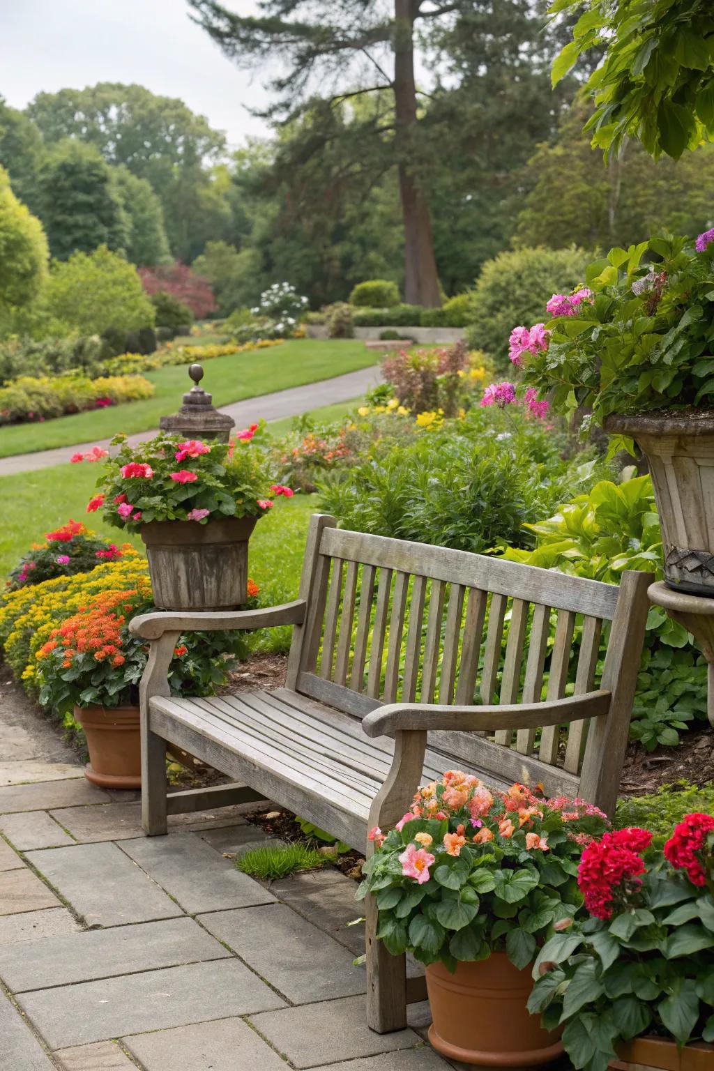 A backless bench serves multiple purposes in the garden.