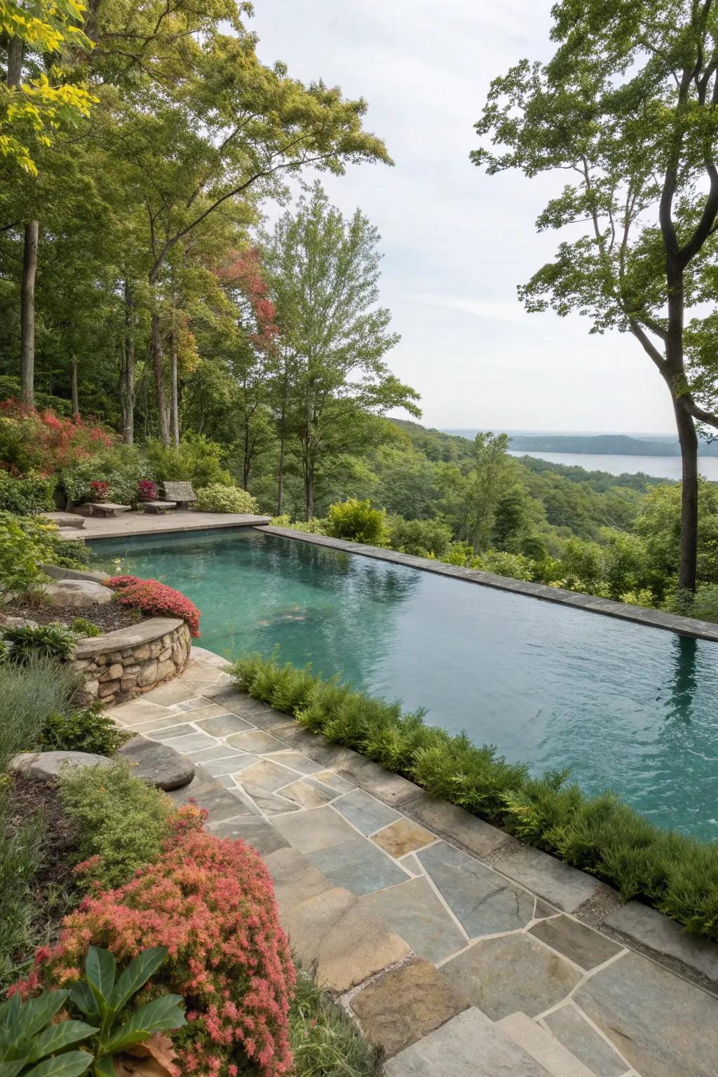 This pool blends seamlessly with its natural surroundings for a harmonious vibe.