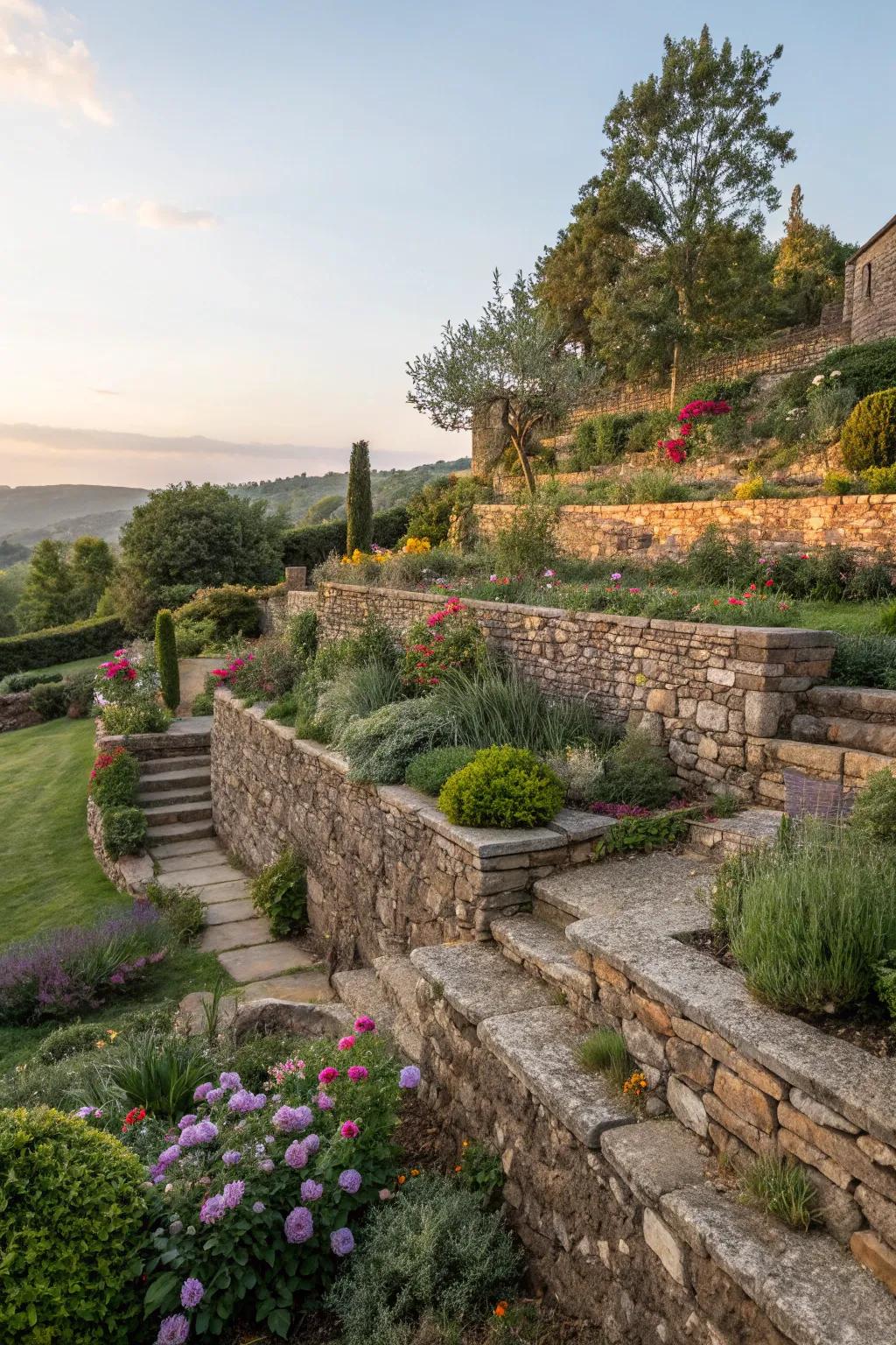 Stone walls adding structure and charm to a terraced garden.