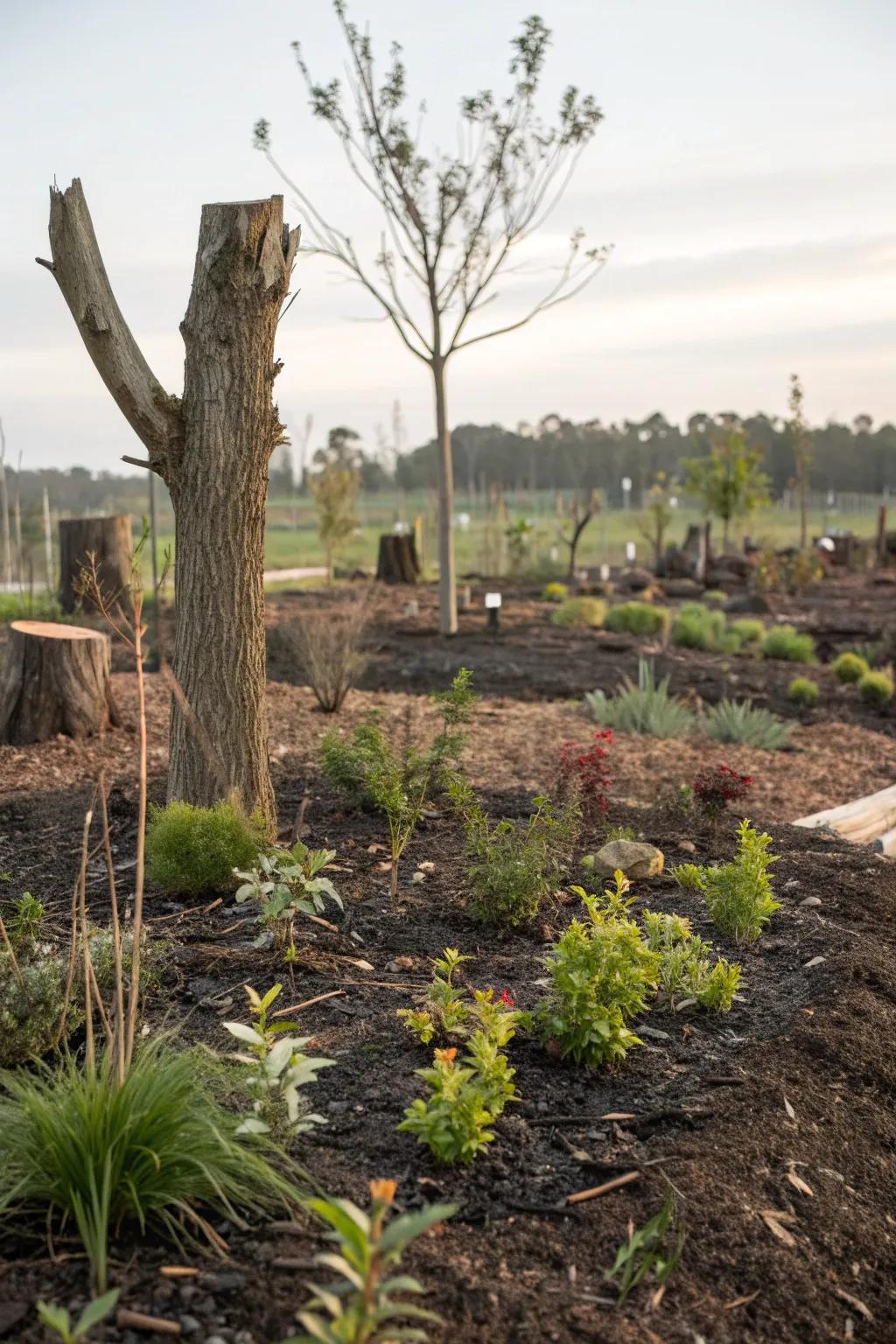 Create a mulch bed with diverse plants for added texture.