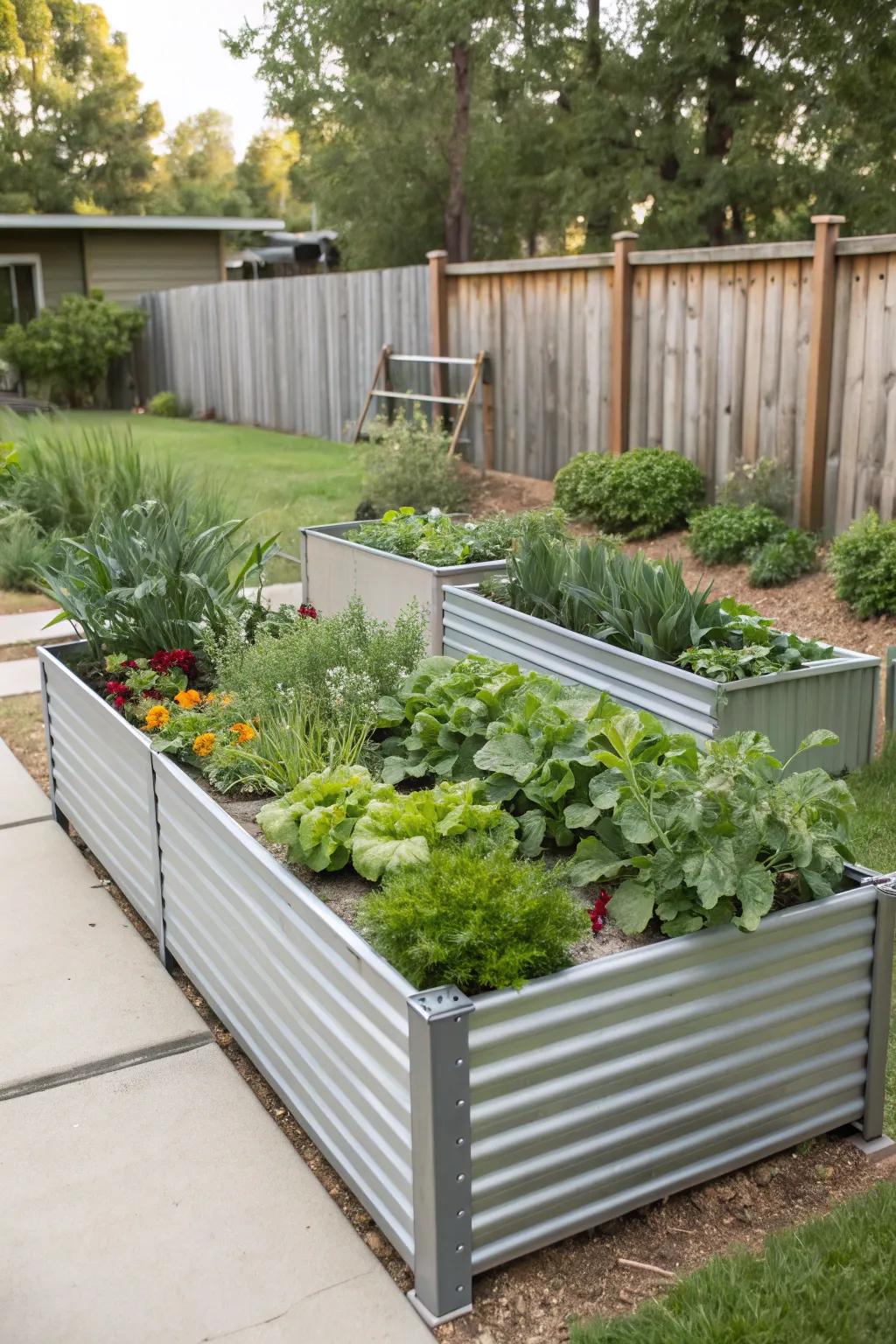 Contemporary metal raised garden beds brimming with various vegetables.