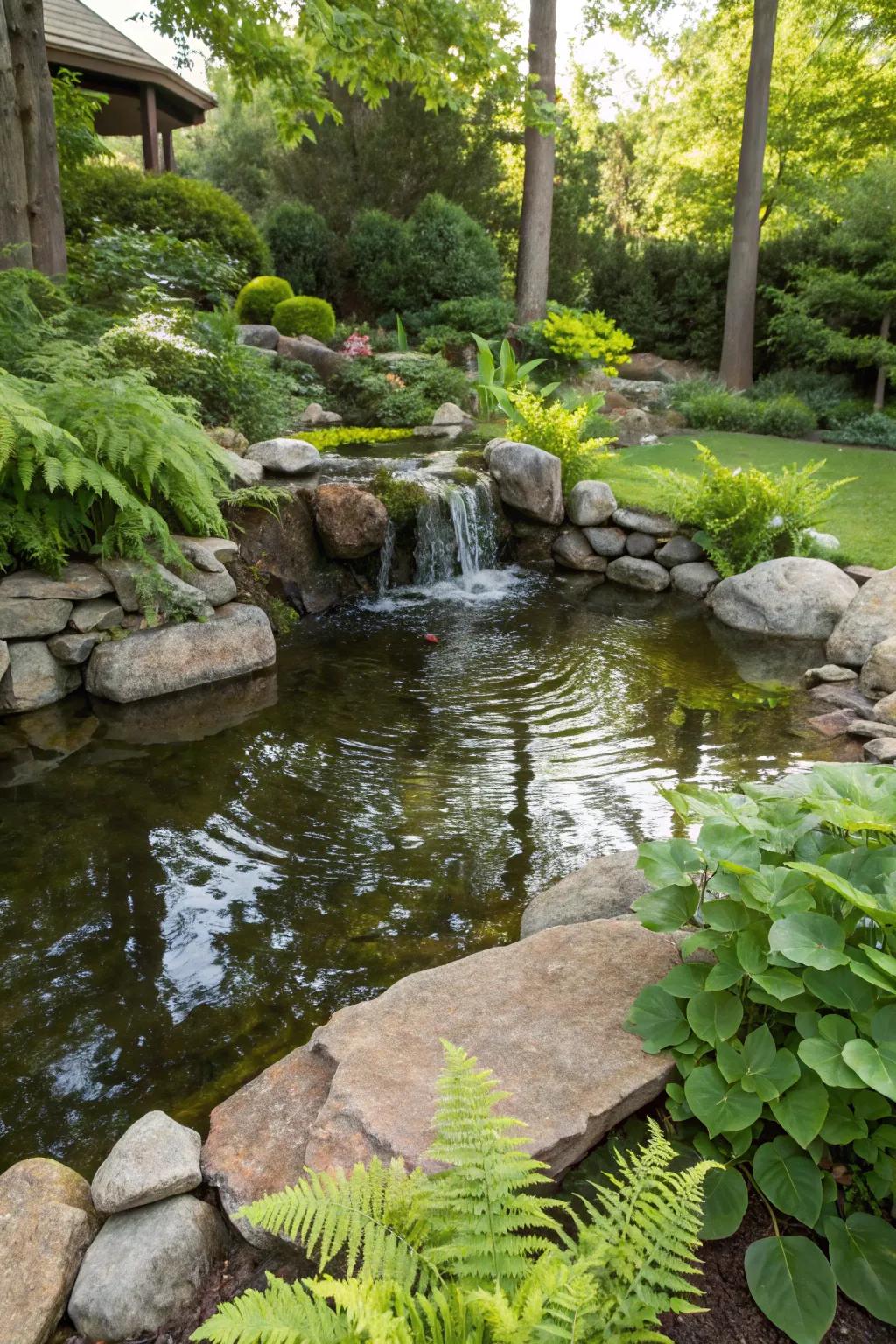Waterfall feature adding ambiance and life to a backyard pond.