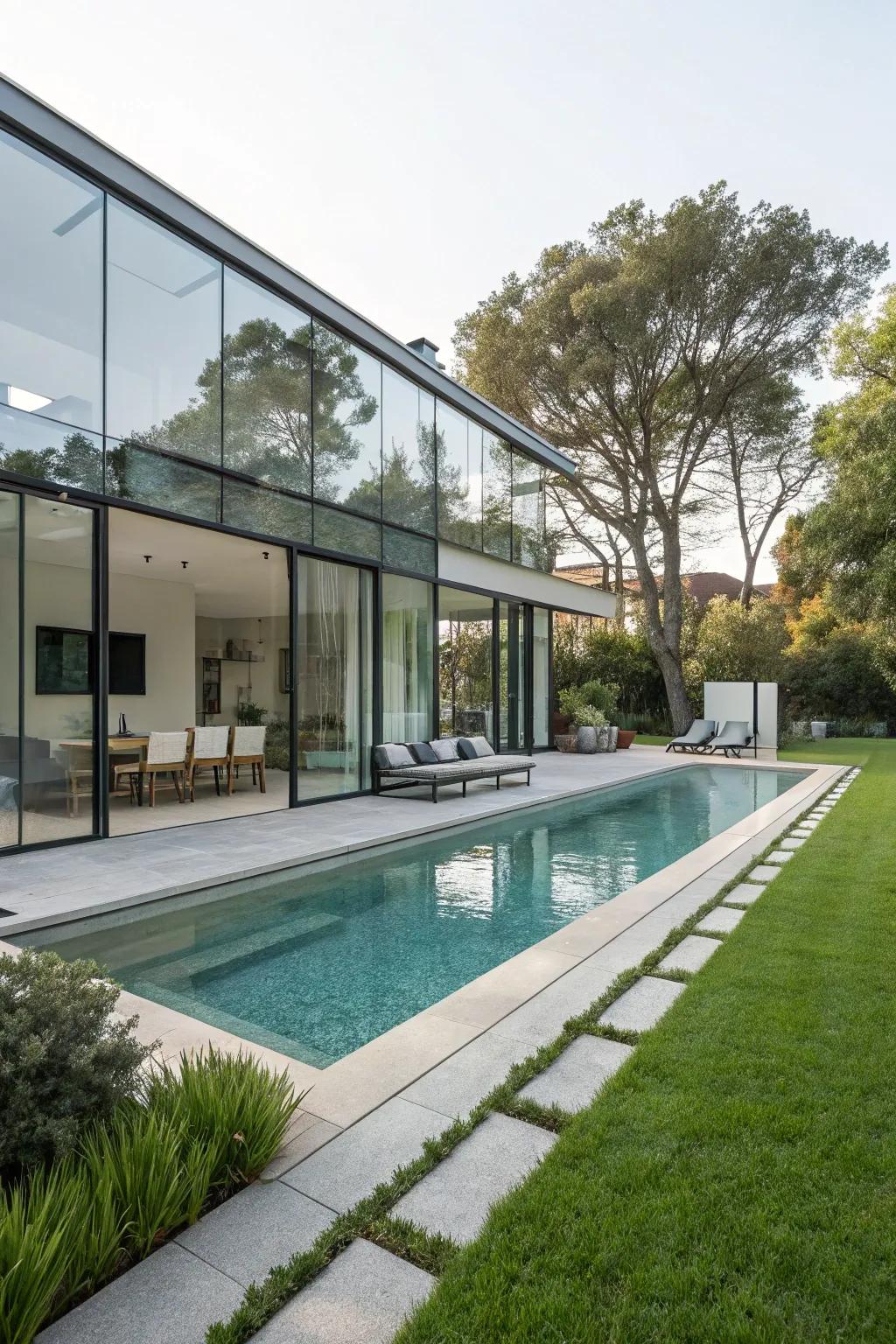 Glass walls bring a modern elegance to pool design.