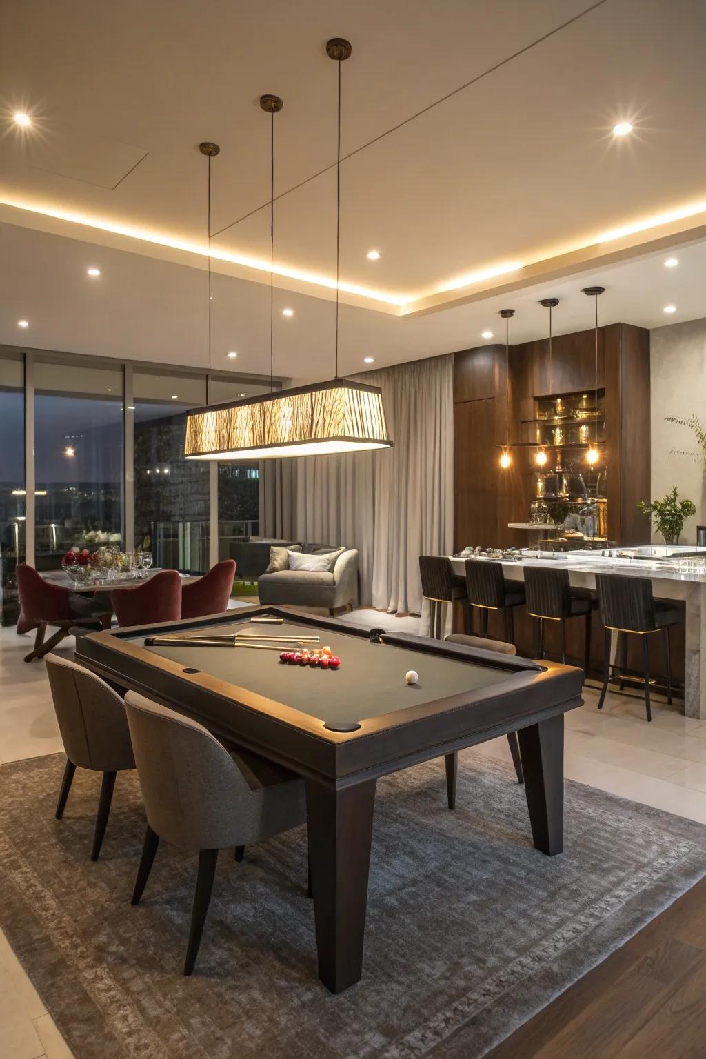 Innovative convertible table serving as both dining space and pool table.