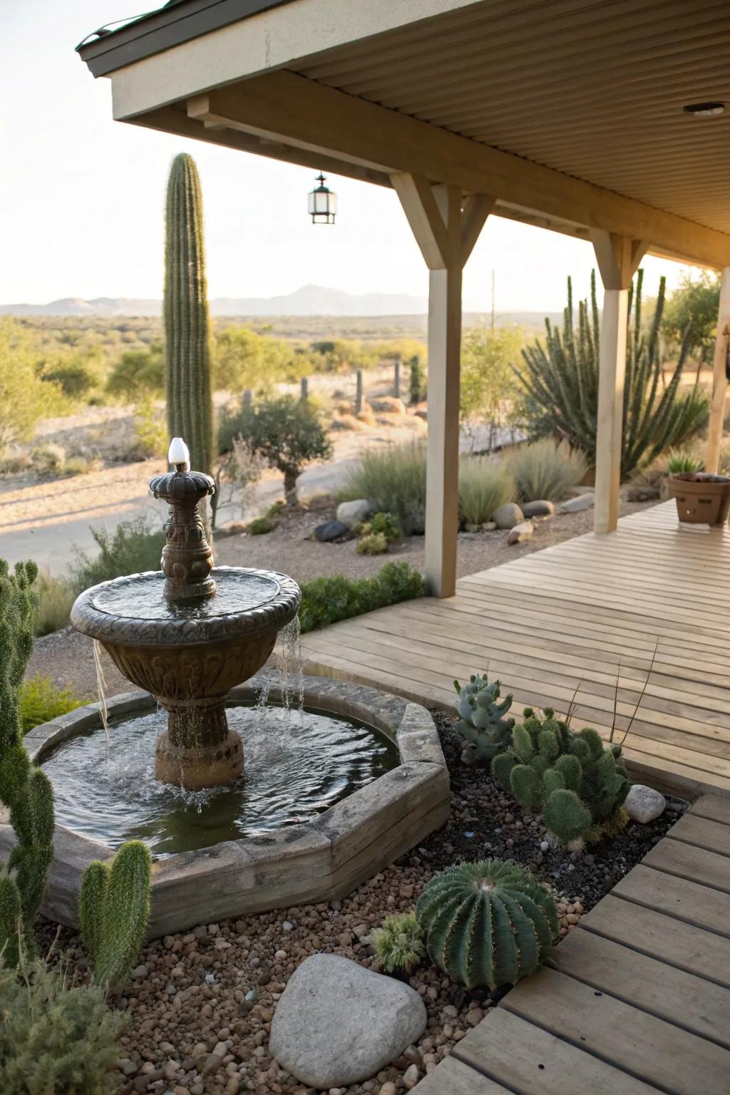 A water feature adds tranquility to your porch.