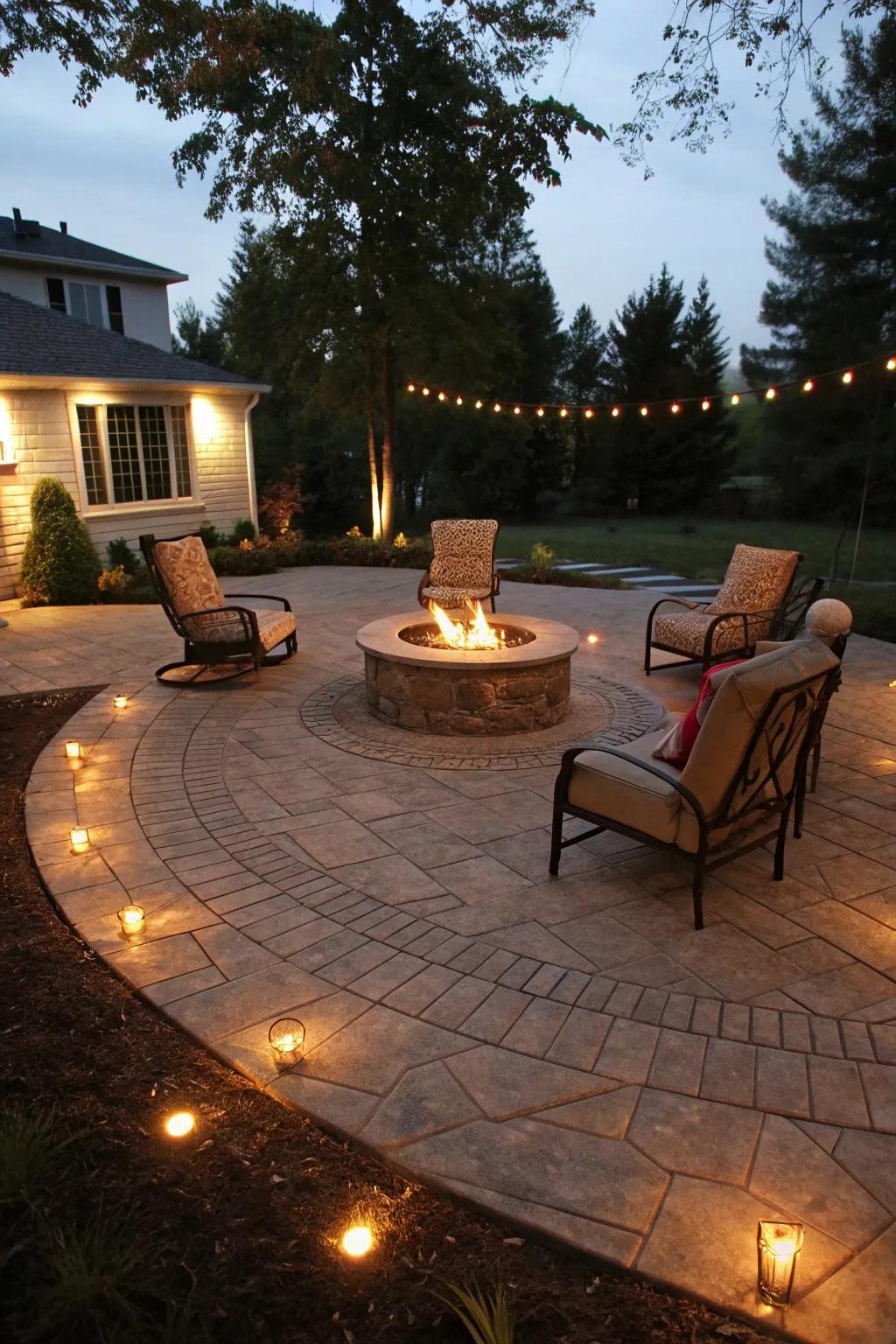 A circular patio design with a central fire pit creates an inviting gathering space.