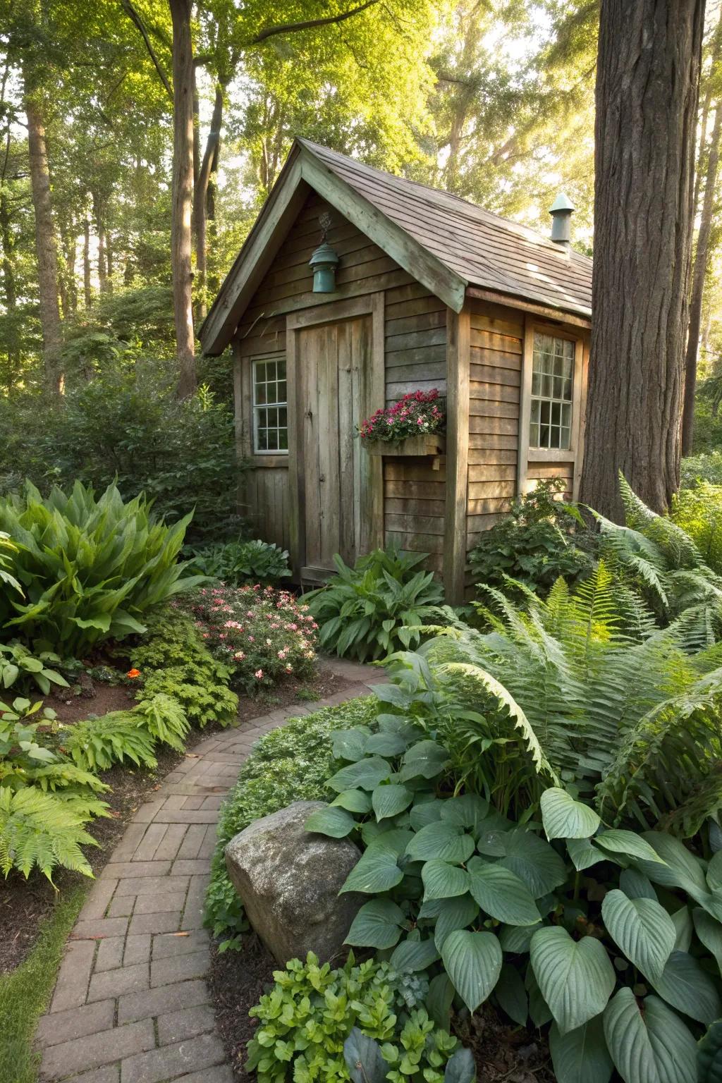 A charming garden shed adds character to a shady, wet area.