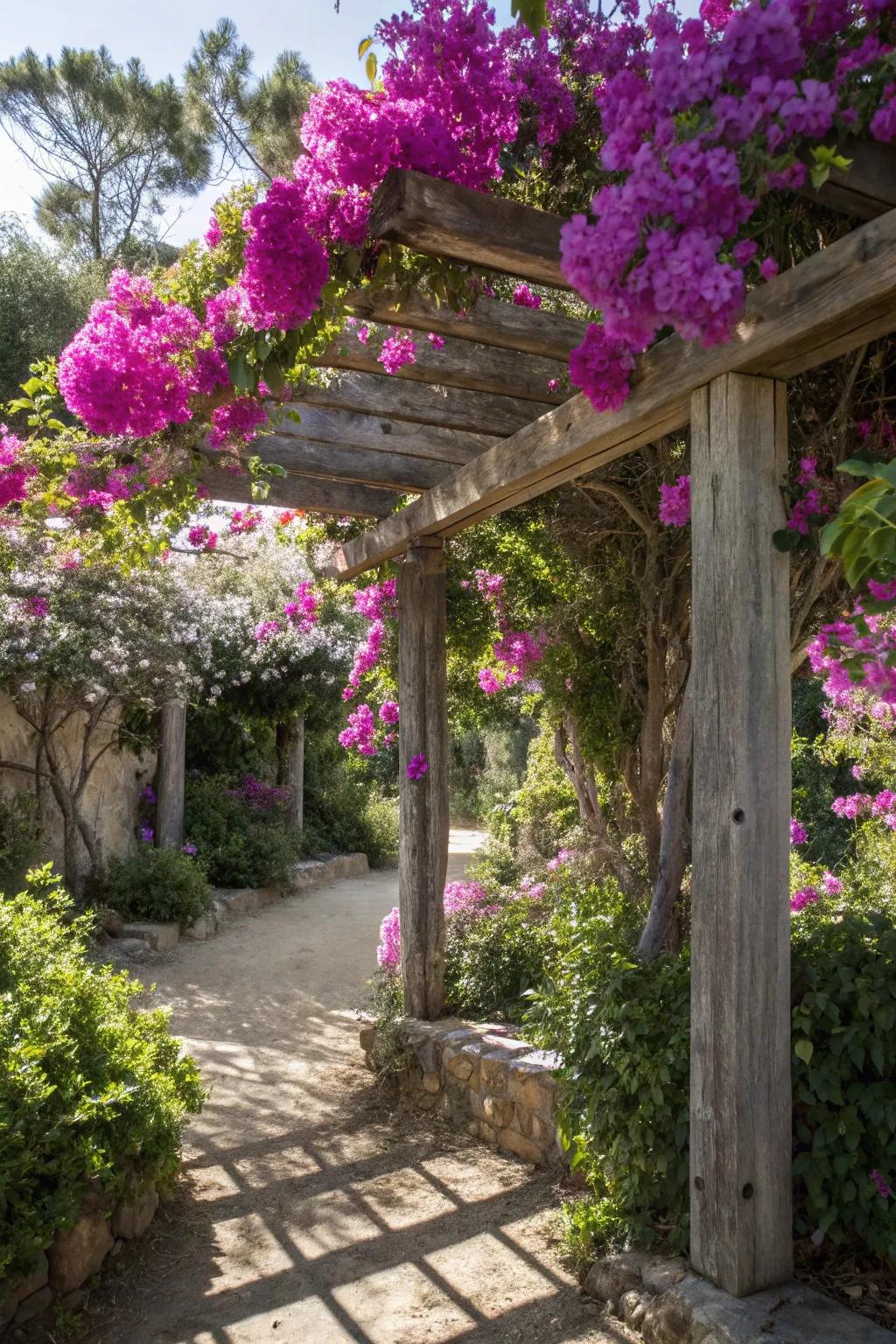 An arbor adorned with bougainvillea offers a serene retreat.