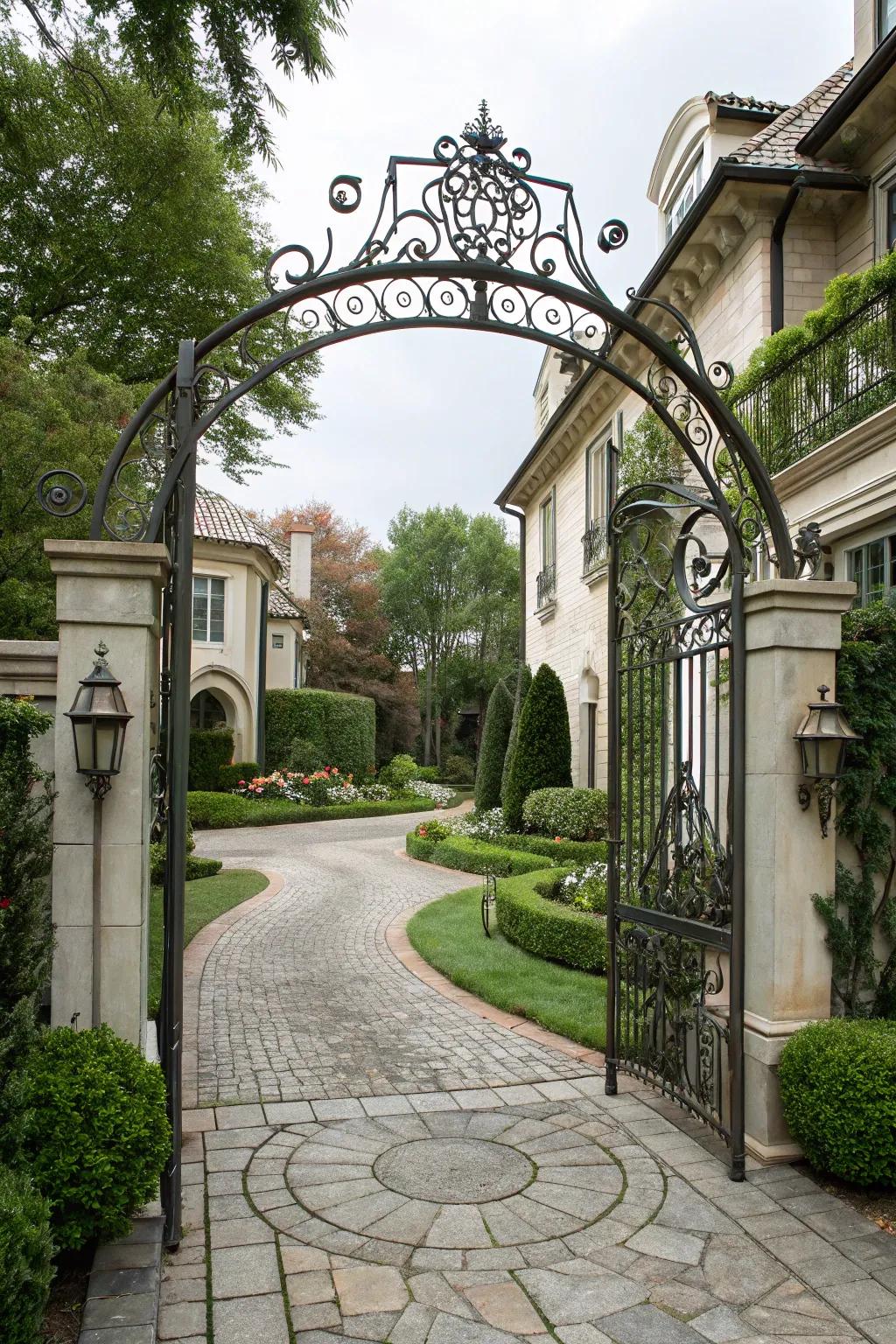 Arched metal gate adding old-world charm.