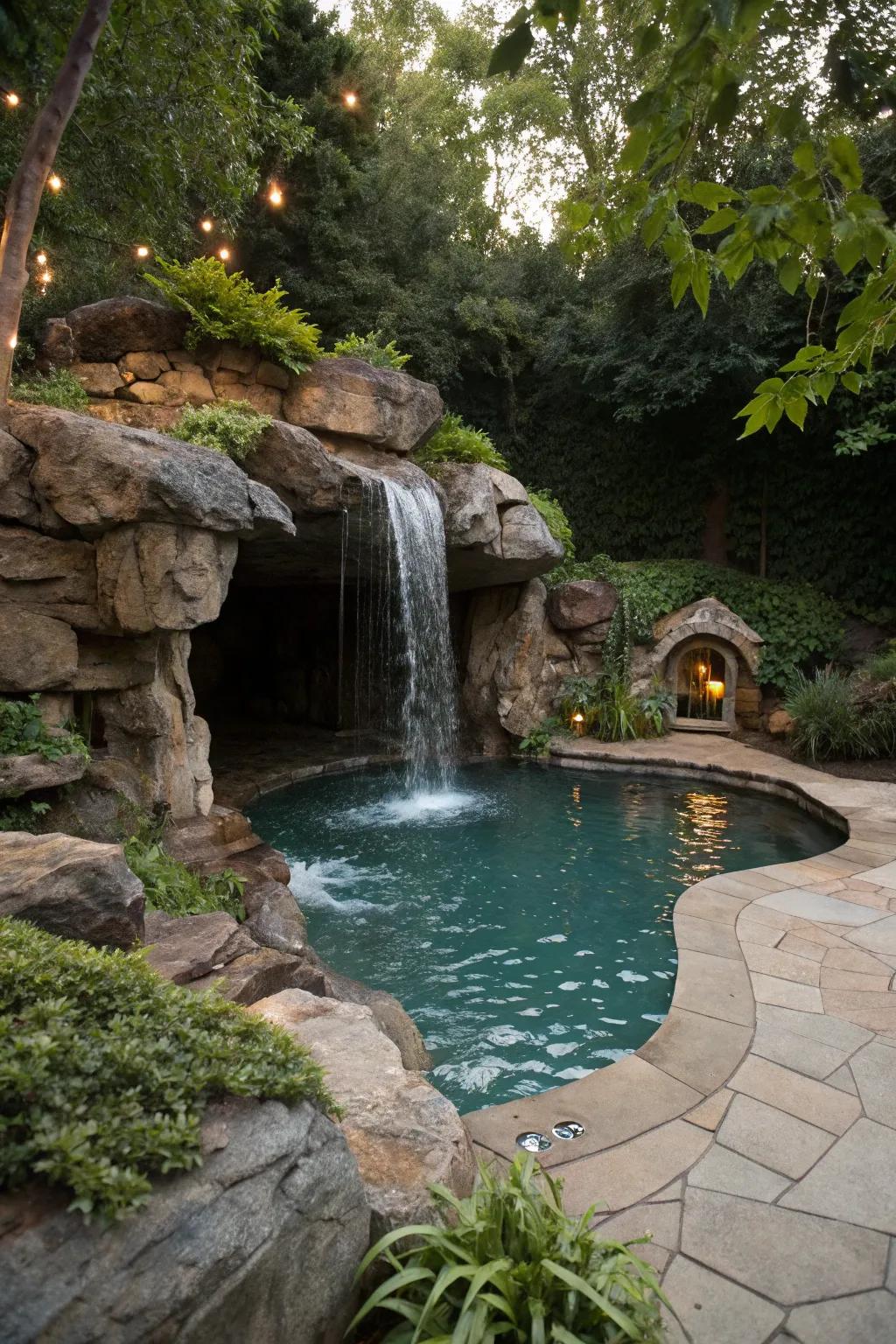 A grotto waterfall offers a playful, adventurous twist.