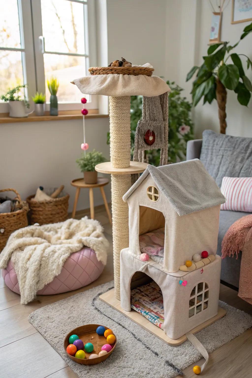 Interactive cat hideout with toys and scratching posts.