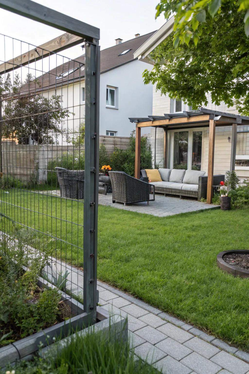 Metal and wire mesh fence with an industrial look.