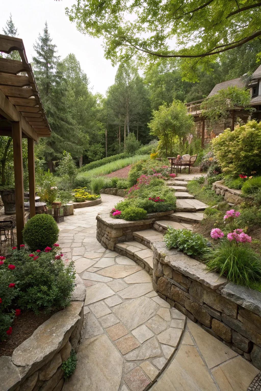 Natural stone features add a rustic touch to your terrace backyard.