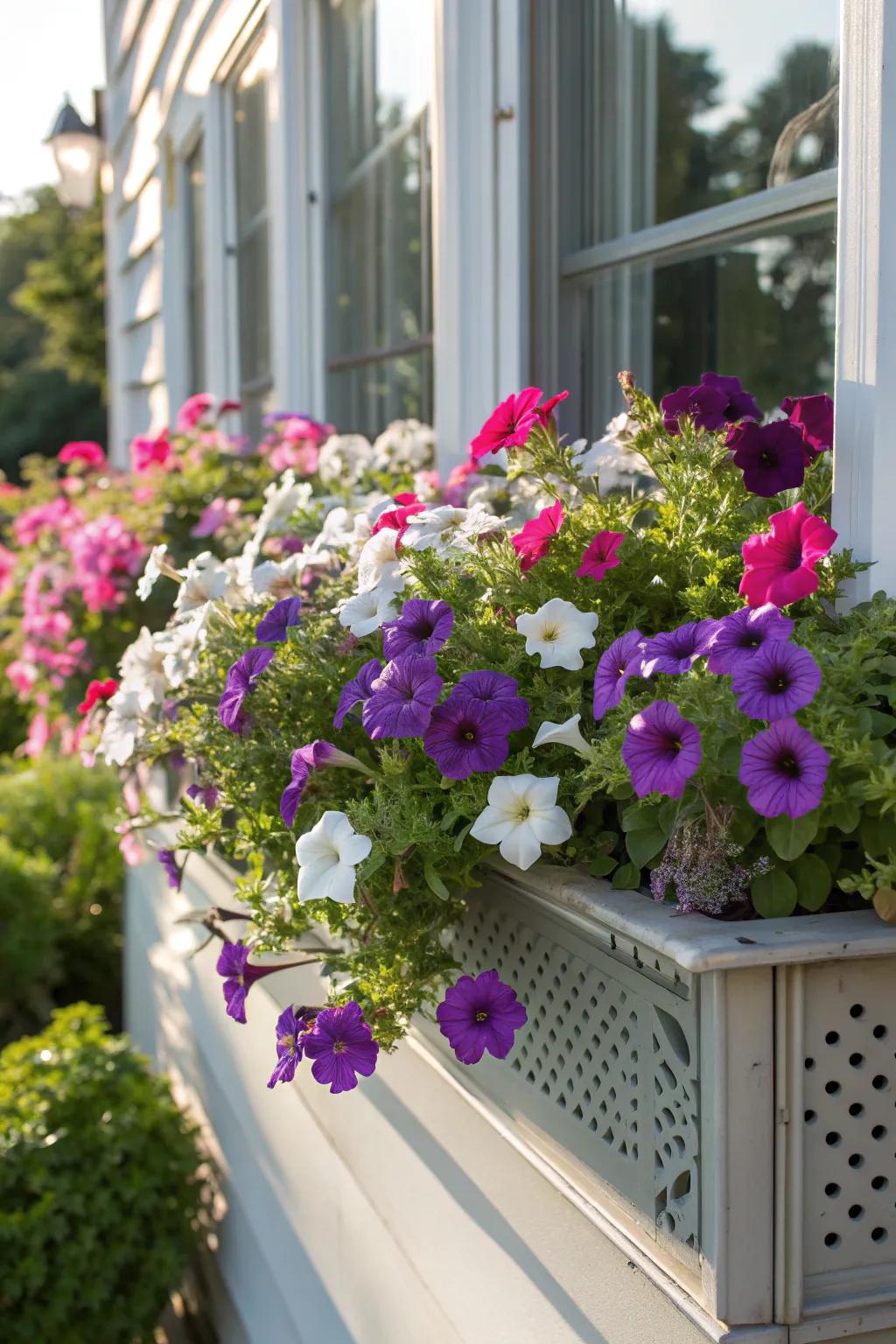 Petunias provide a lush and colorful display in sunny window boxes.