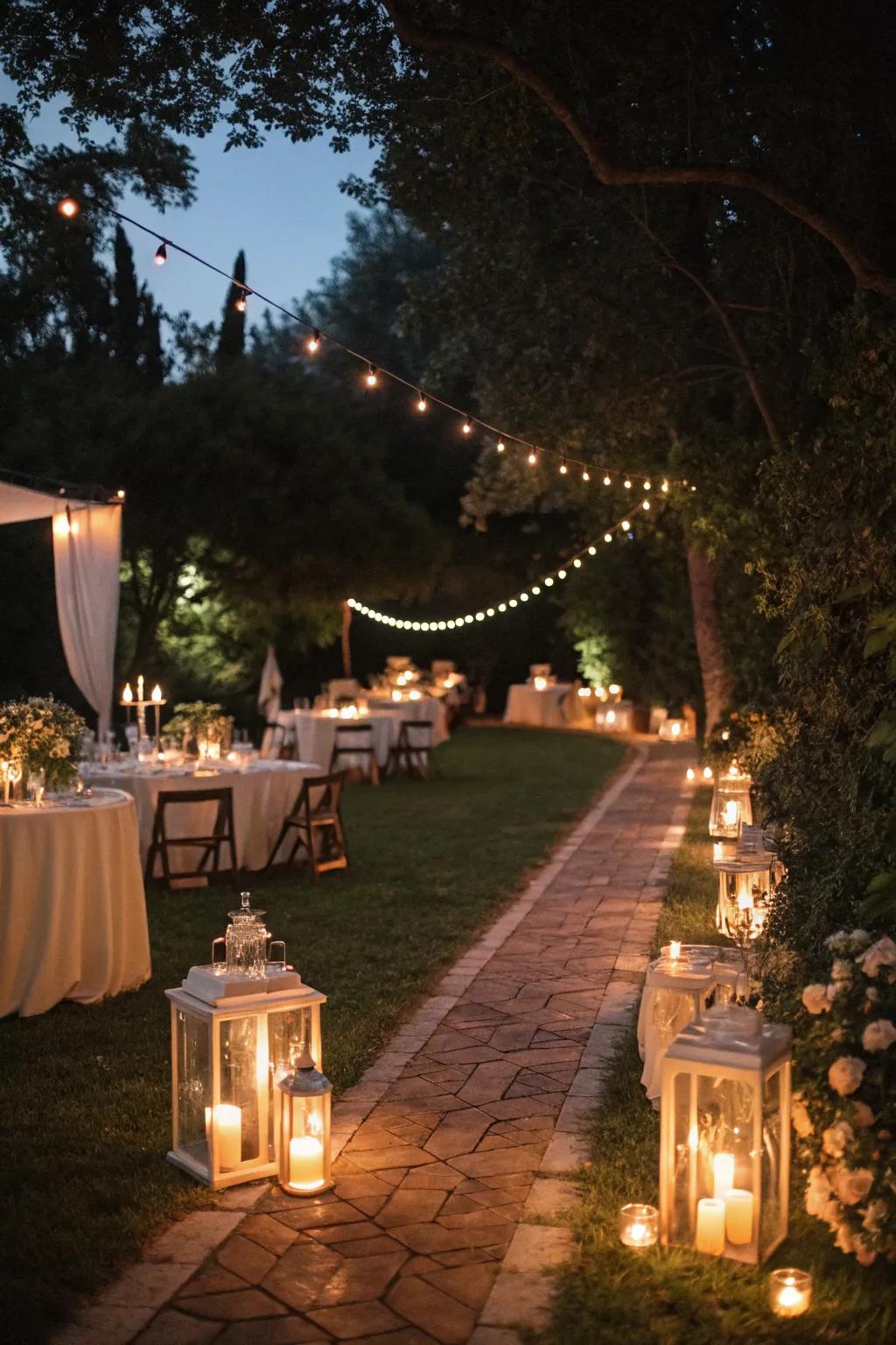 Lanterns and candles add romantic lighting.