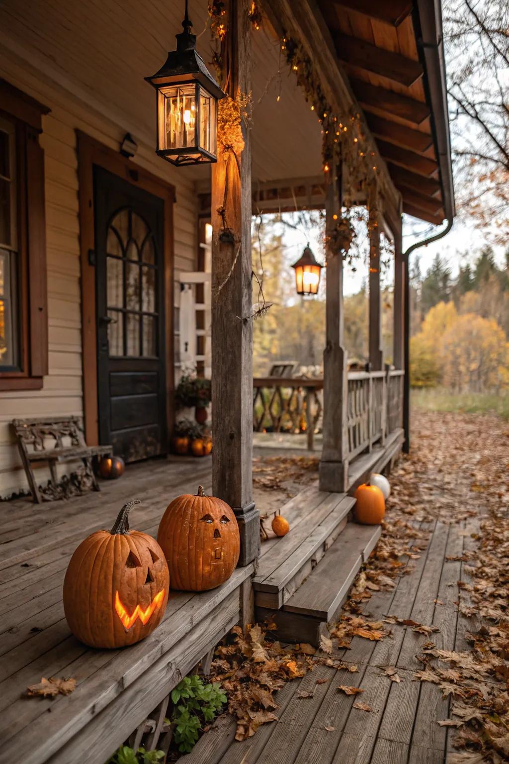 Seasonal decor brings festive charm to a wooden porch.