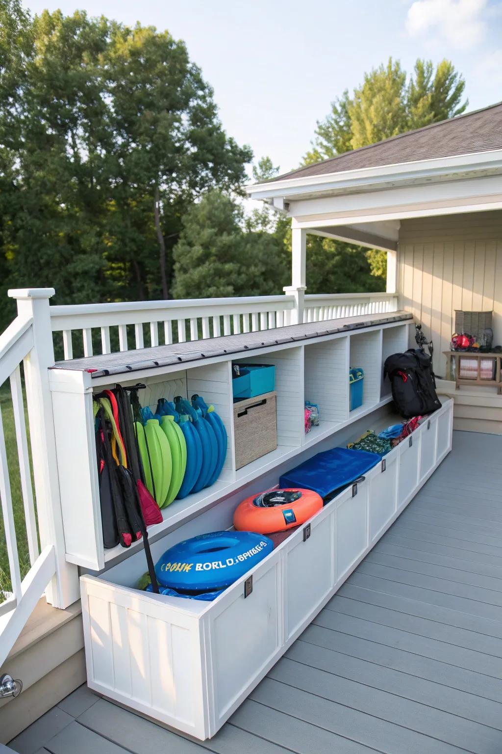 Smart use of under-deck space for storing pool items.