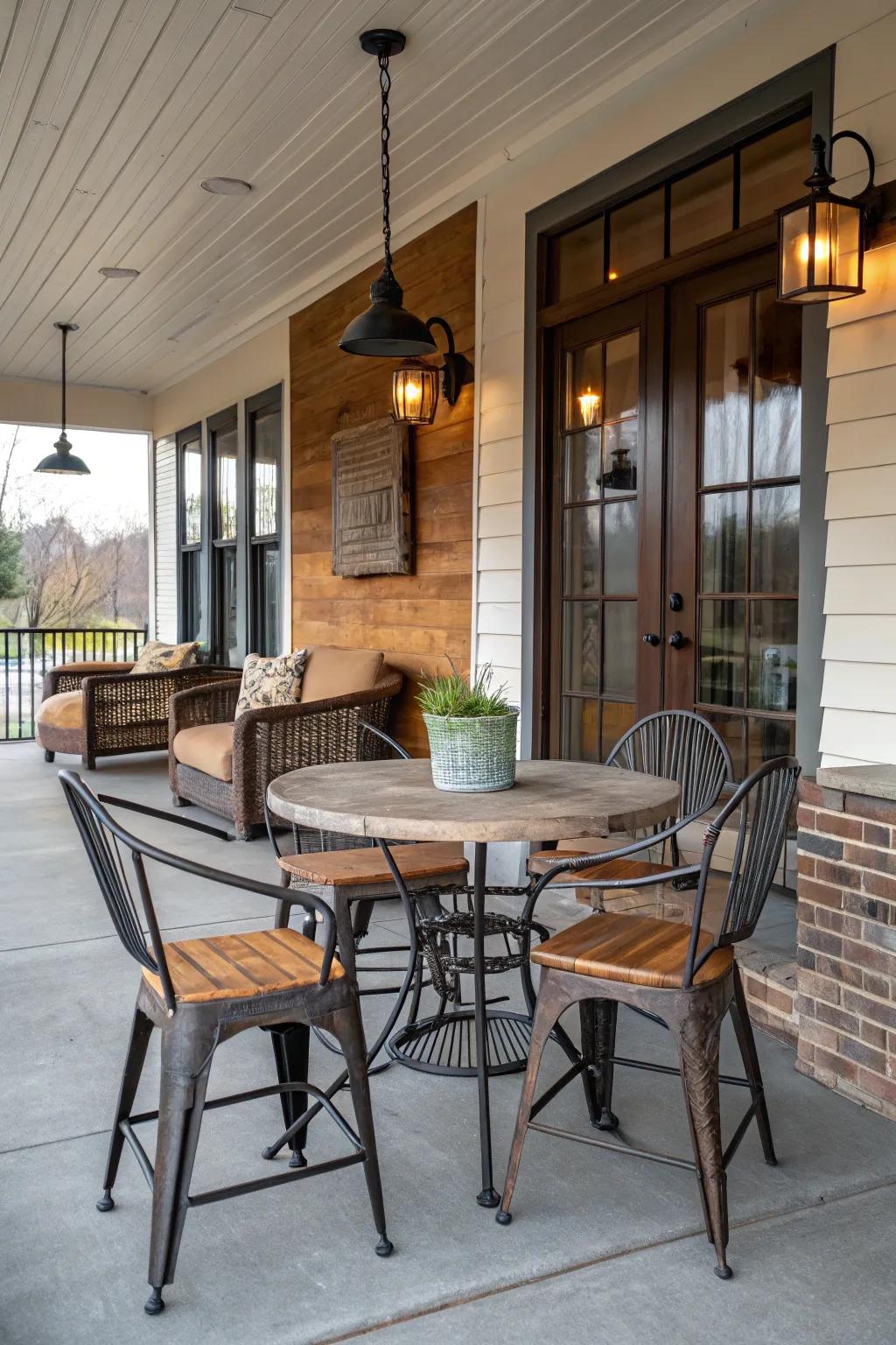 Blending sleek contemporary and rustic wooden furniture for an eclectic porch look.