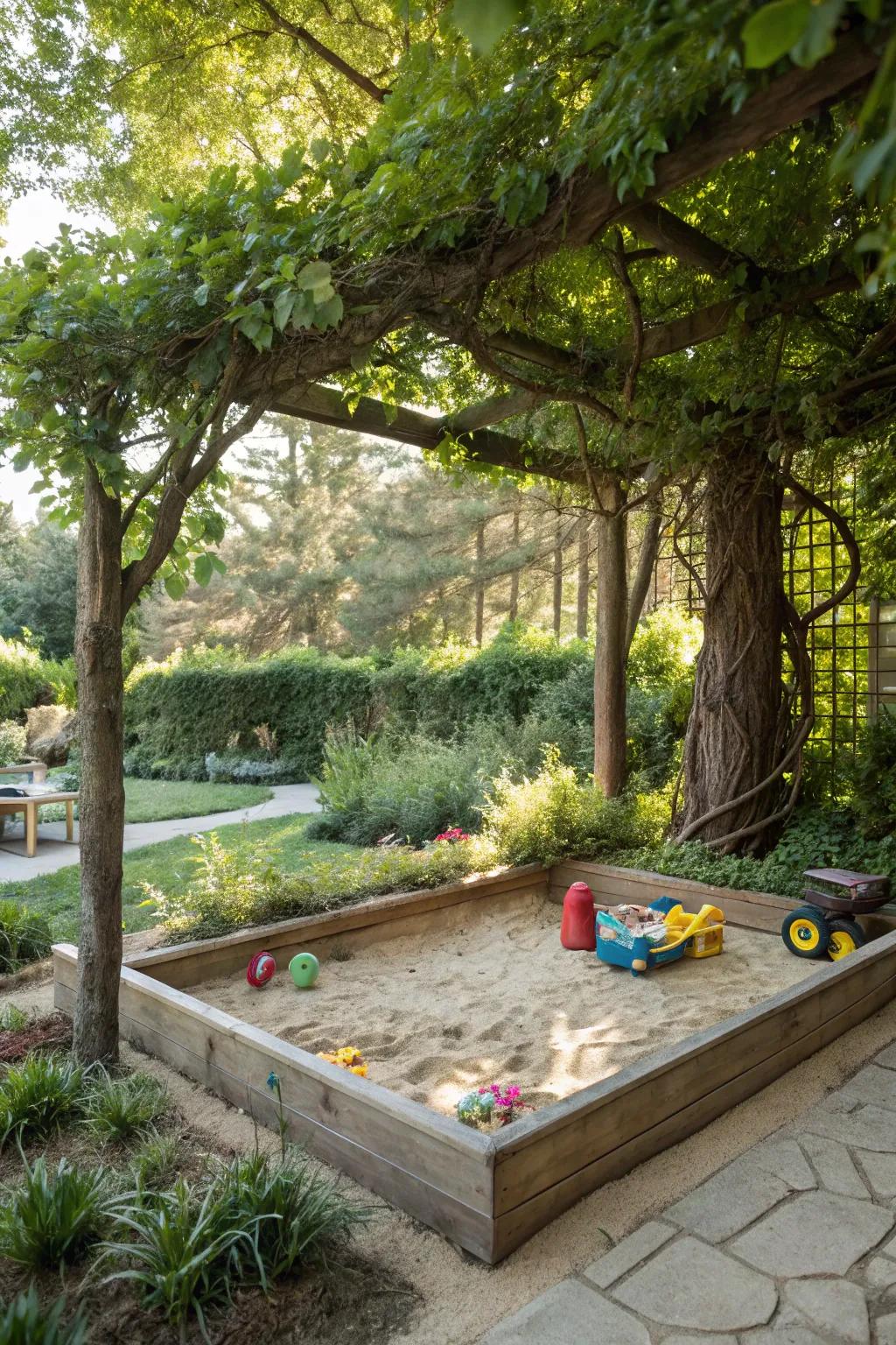 A shaded sandbox with a lush, natural canopy.